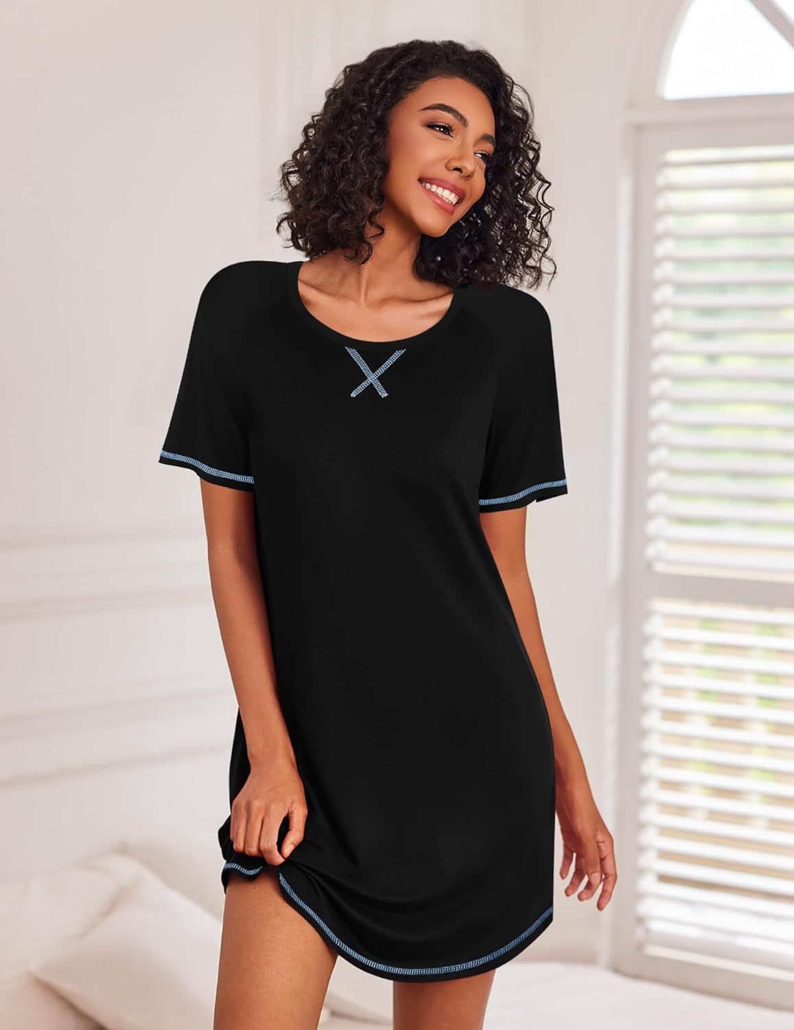 Short Sleeve Sleep Shirts Crewneck Night Shirts Soft Sleepwear