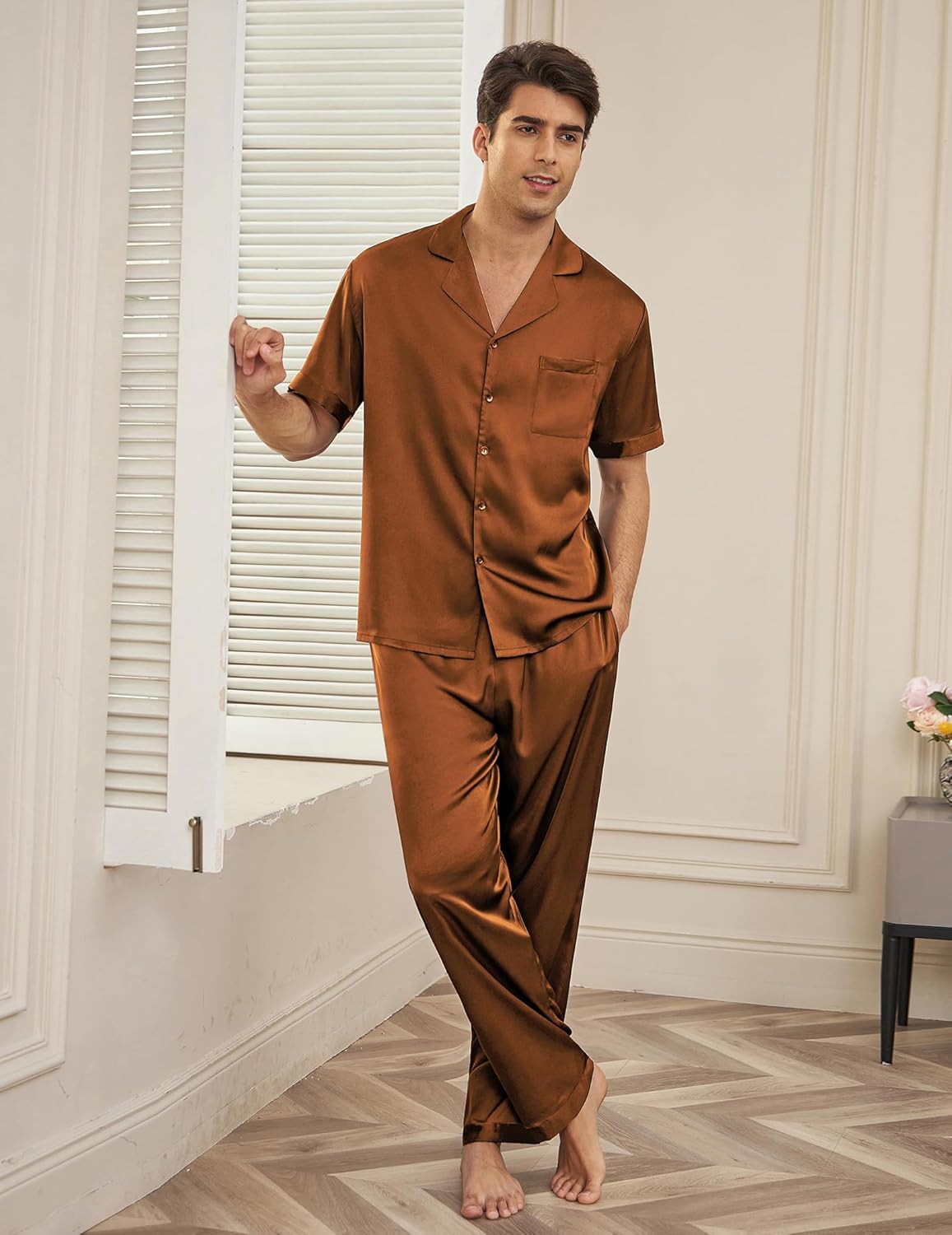 Men Satin Silk Pajamas Set 2 Piece Sleepwear