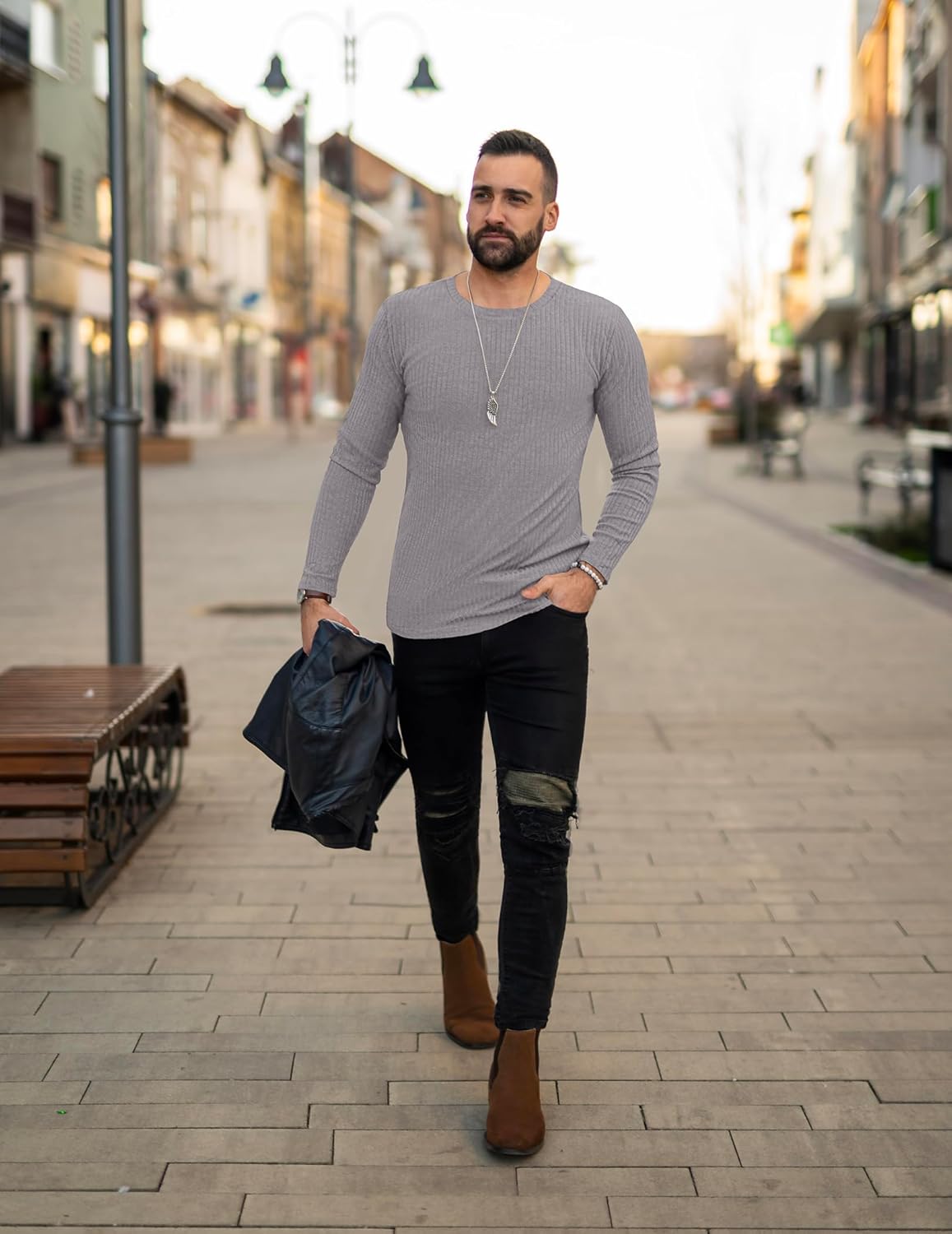 Men's Long Sleeve Shirts Ribbed Sweater