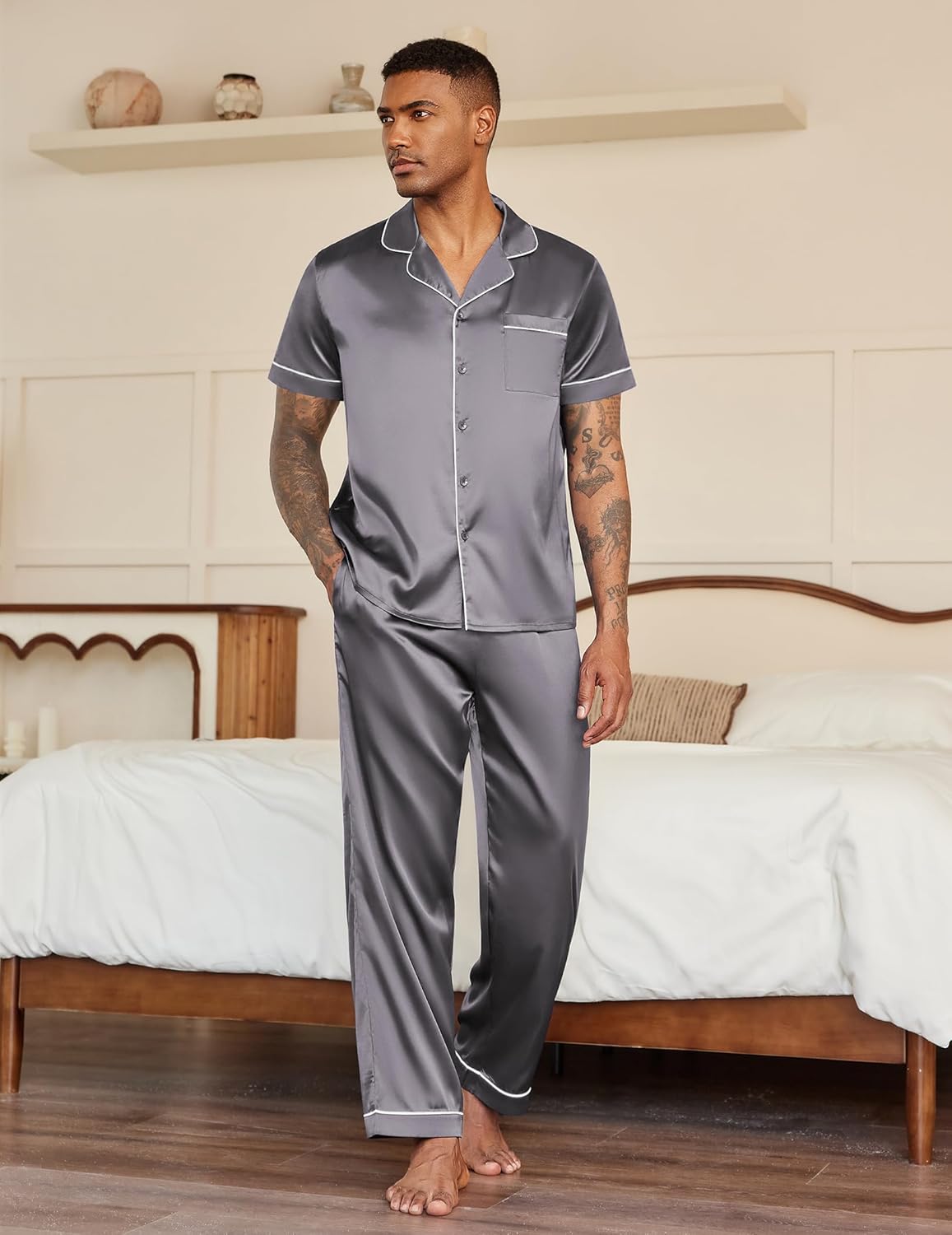 Mens Satin Pajama Set Button Down Sleepwear Set