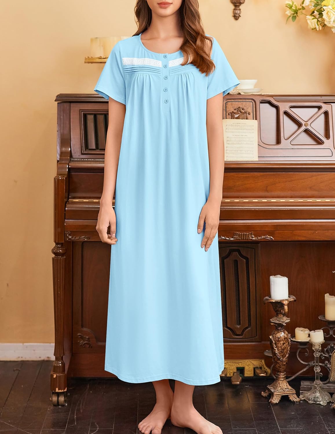Cotton Long Night Gown Short Sleeve Nightdress with Pockets