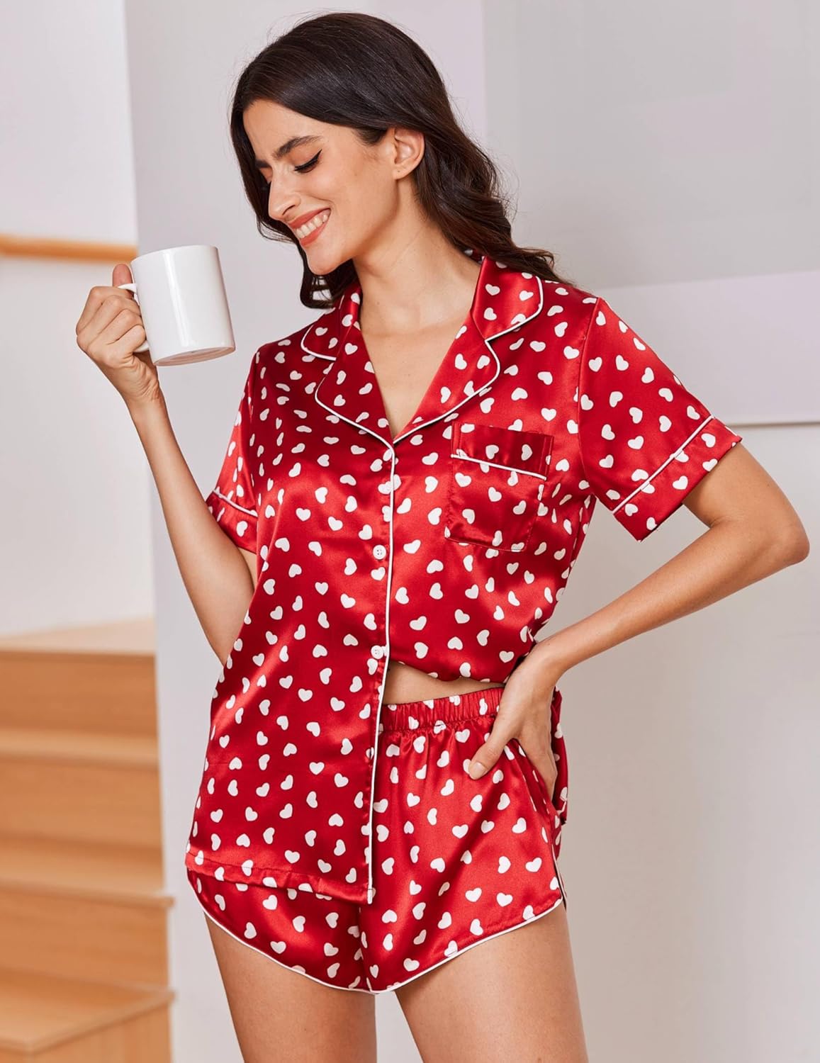 Satin Pajama Sets 2 Piece Button Down Silk Pjs Shorts Sets