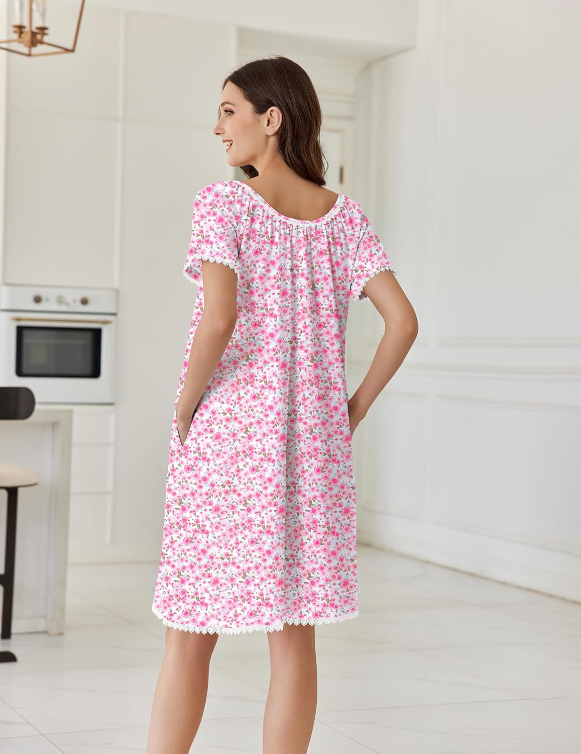 Cotton Nightgowns Lace Trim Short Sleeve Sleep Dress with Pockets