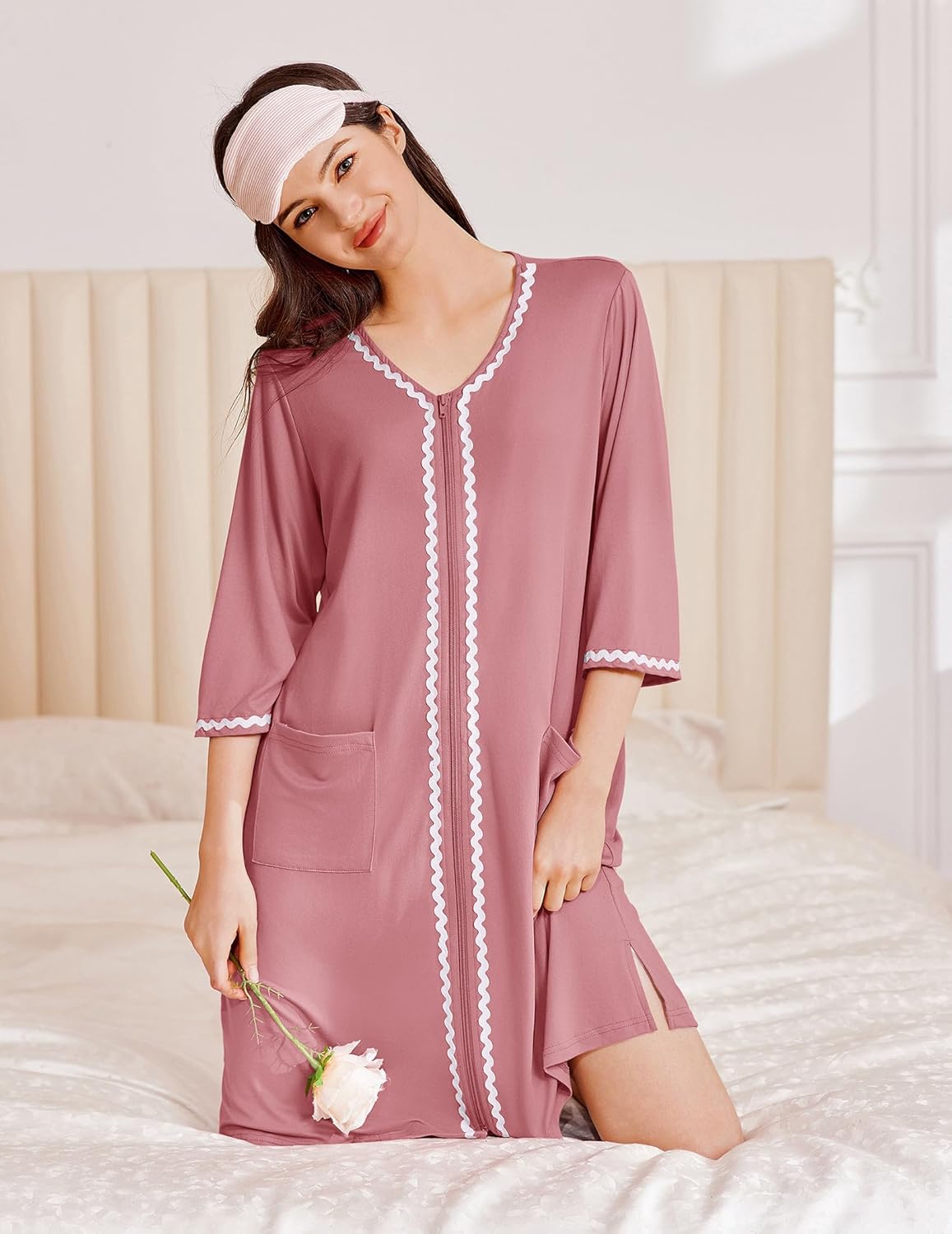 Zipper Robes for Women 3/4 Sleeves Lightweight House Coat