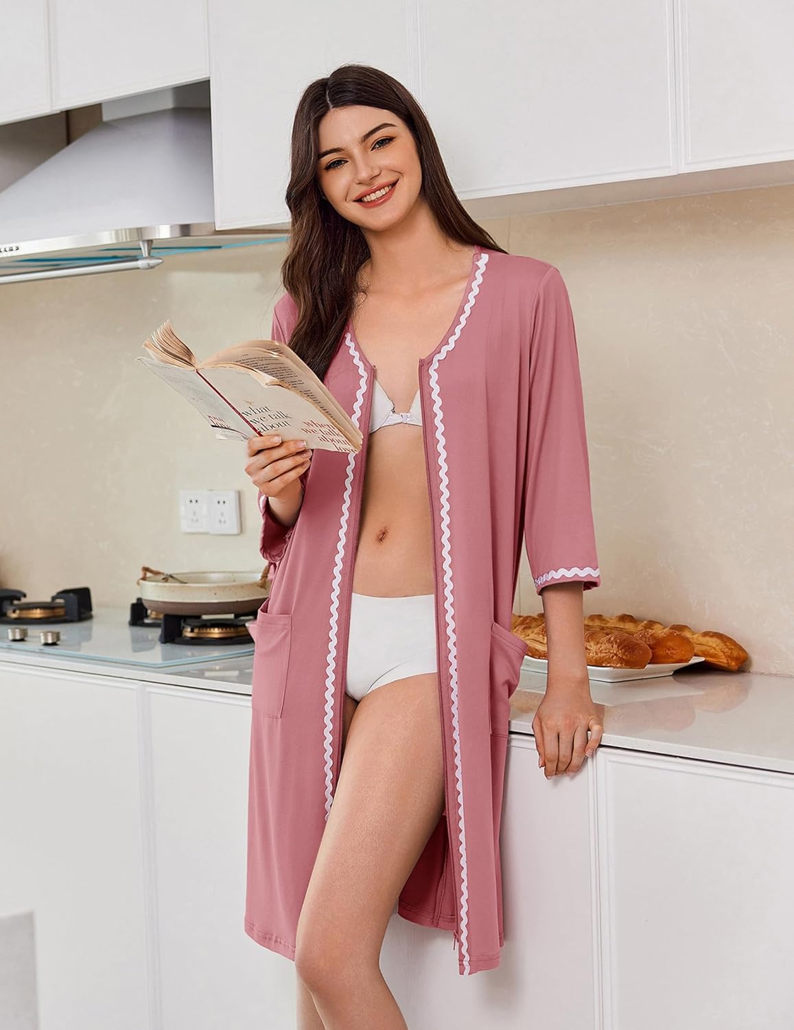 Zipper Robes for Women 3/4 Sleeves Lightweight House Coat