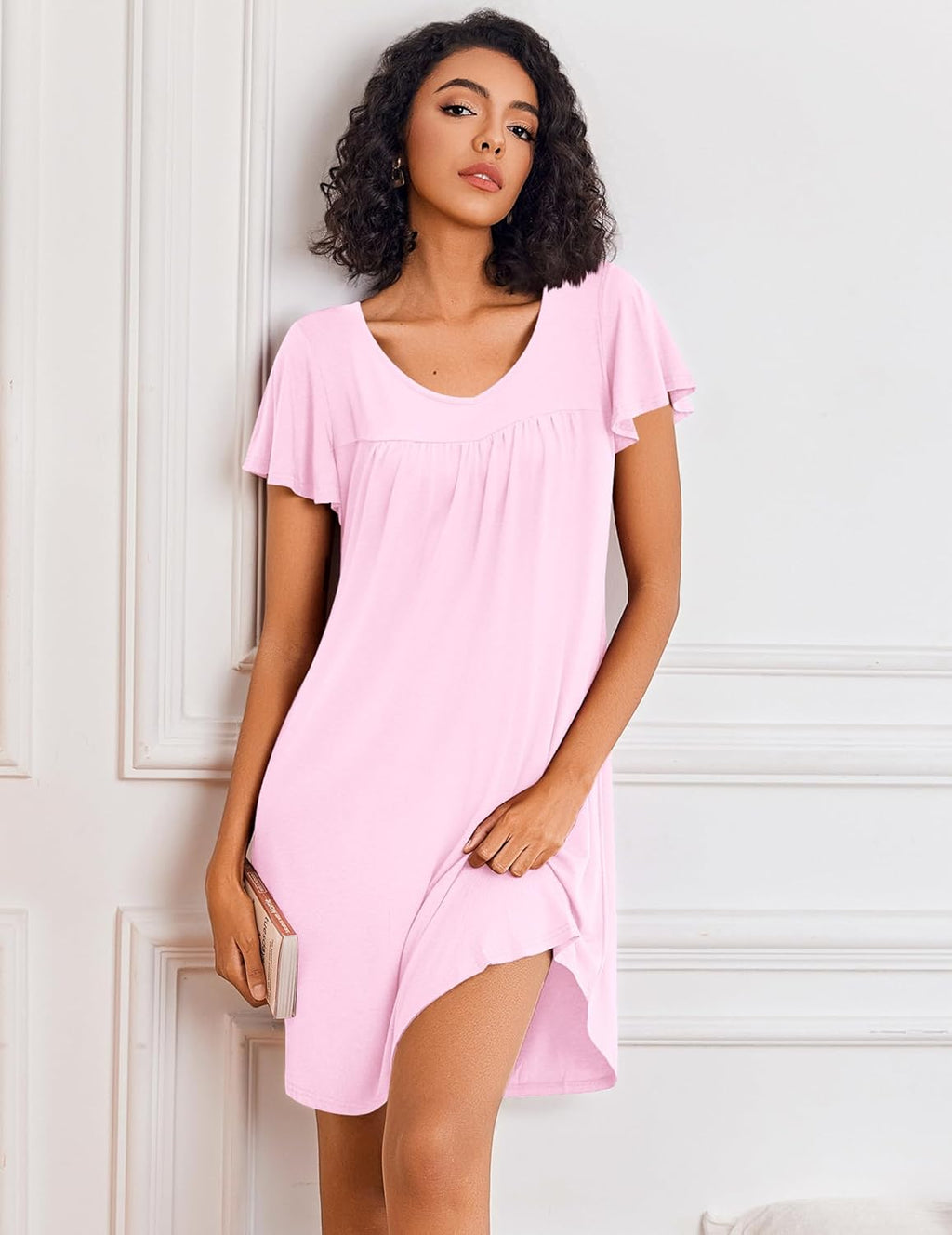Short Sleeve Sleep Shirts Pleated Night Dress House Dress