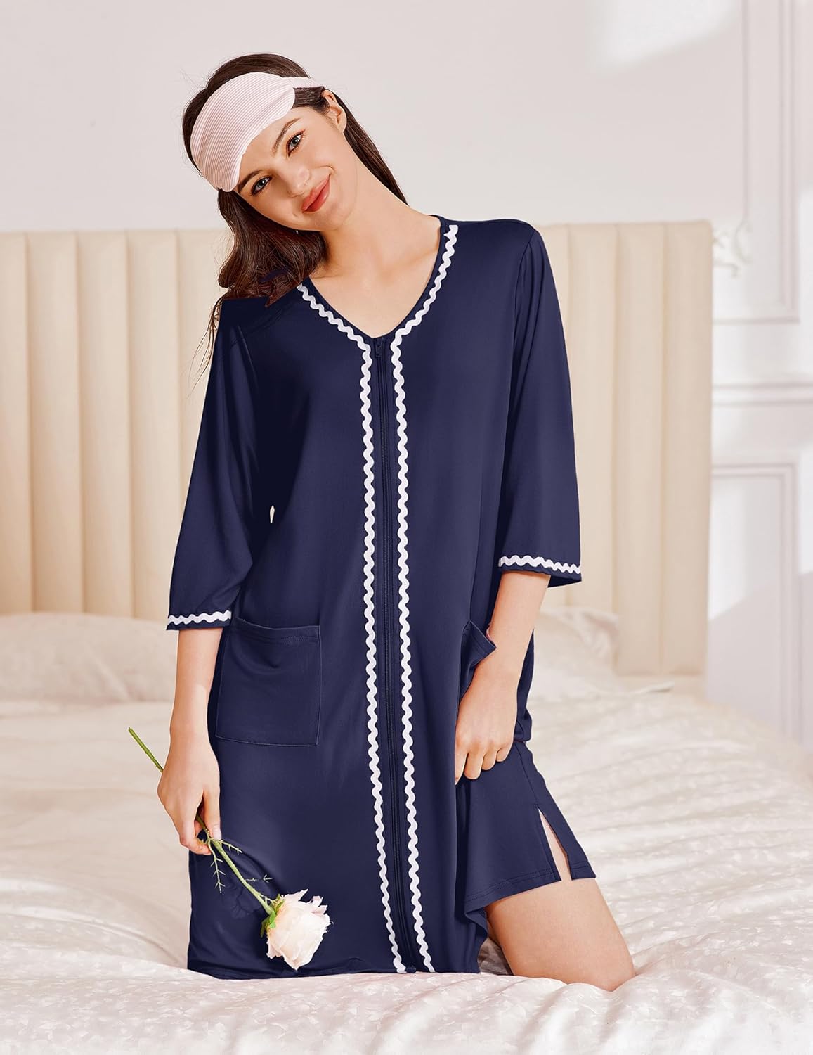Zipper Robes for Women 3/4 Sleeves Lightweight House Coat