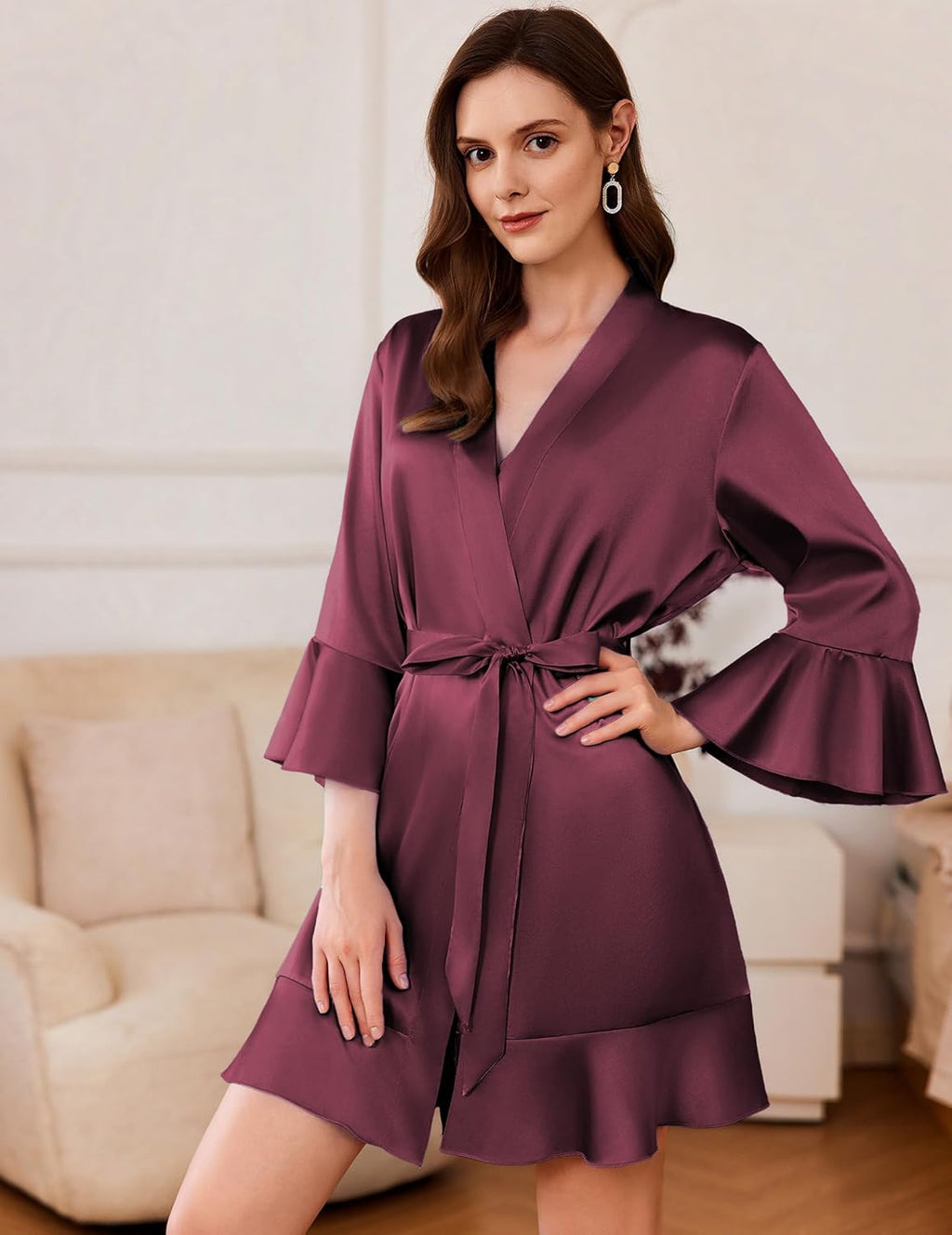 Satin Robe Short Ruffle Hem Silky Kimono Brides Bathrobes