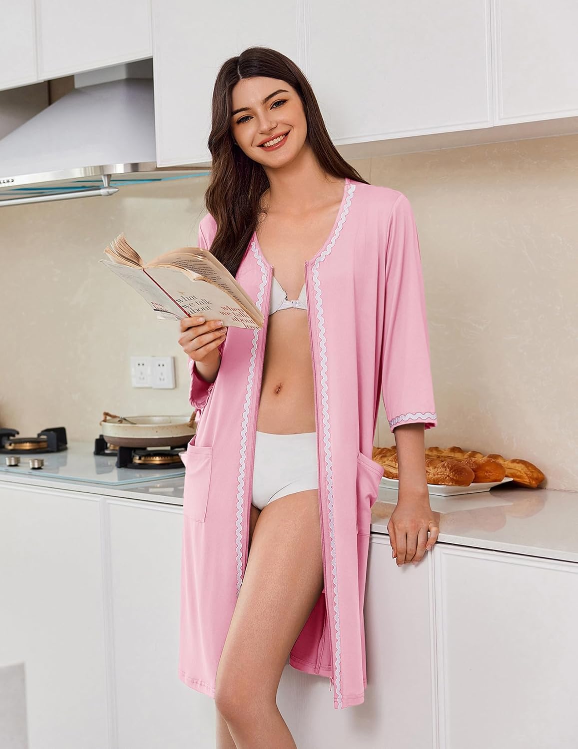 Zipper Robes for Women 3/4 Sleeves Lightweight House Coat