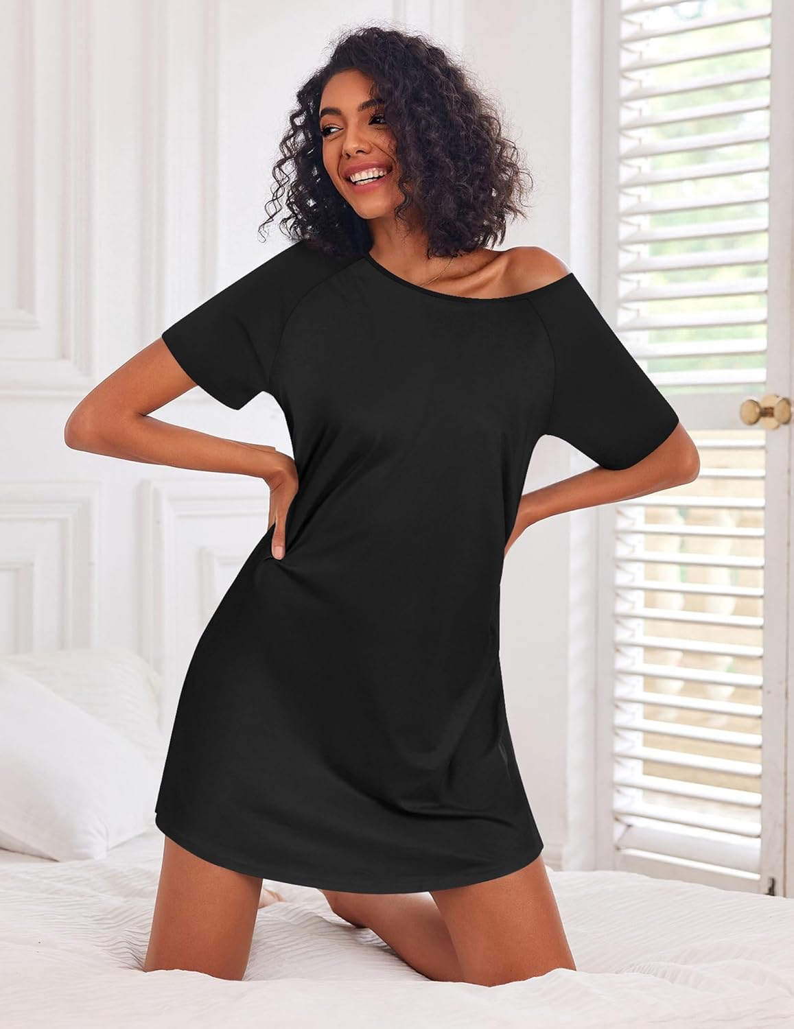 Cotton Short Sleeve Nightshirt Crew Neck Comfy Nightdress