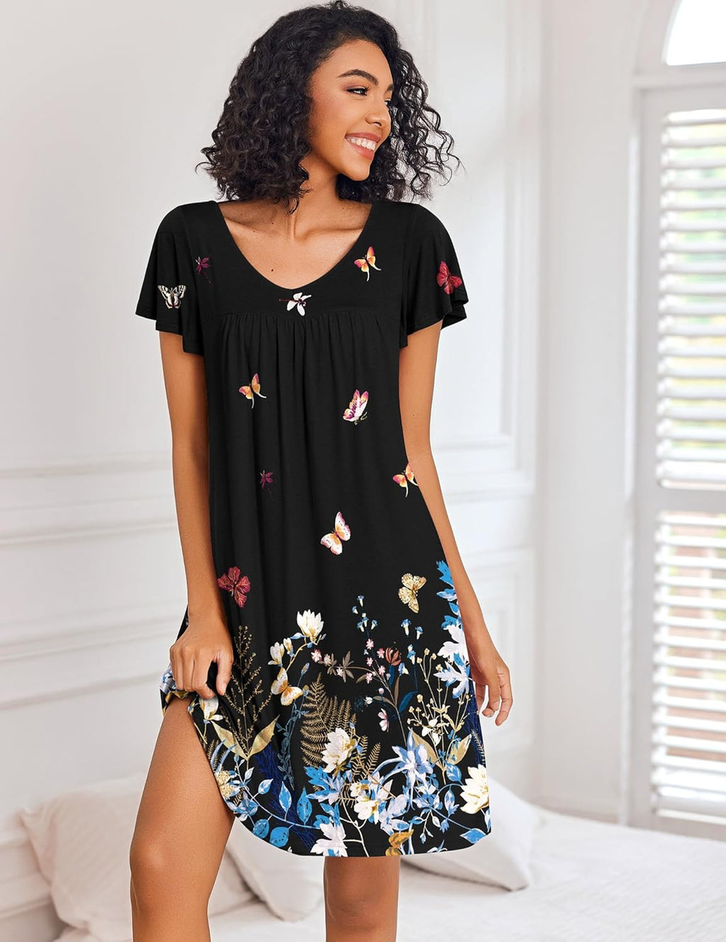 Short Sleeve Sleep Shirts Pleated Night Dress House Dress