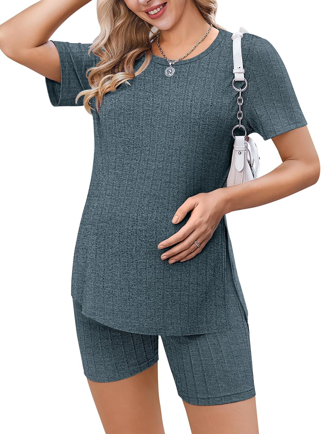 Maternity Sets 2 Piece Outfits Ribbed Knit Shirts and Shorts