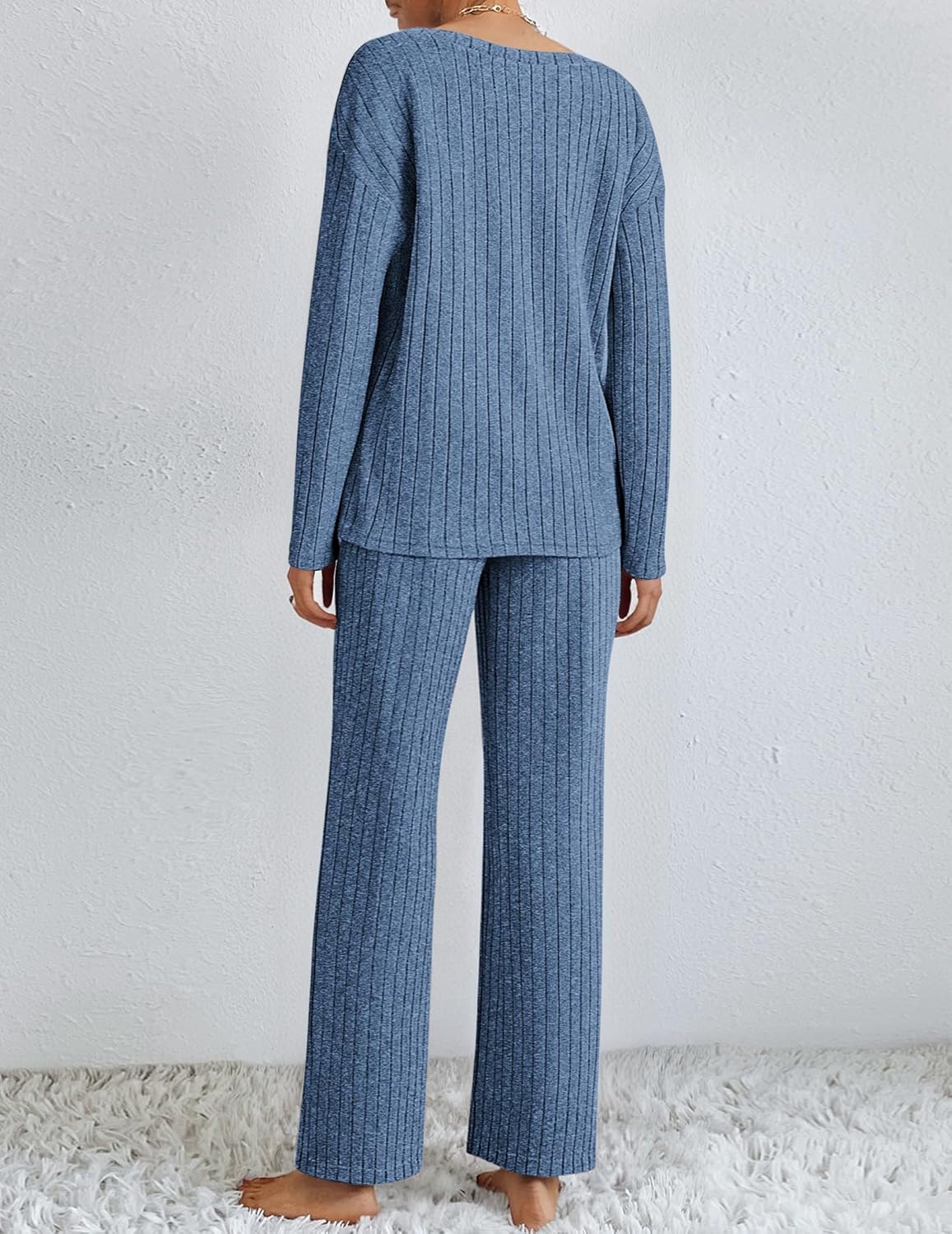 Lounge Sets Long Sleeve Knit Ribbed Pajama Sets
