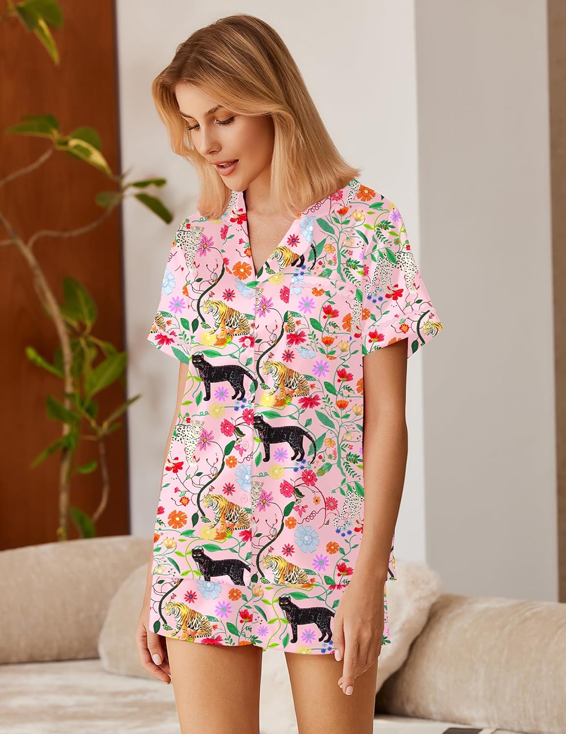Silk Satin 2 Piece Pajamas Set Button Down Pjs Lounge Sets