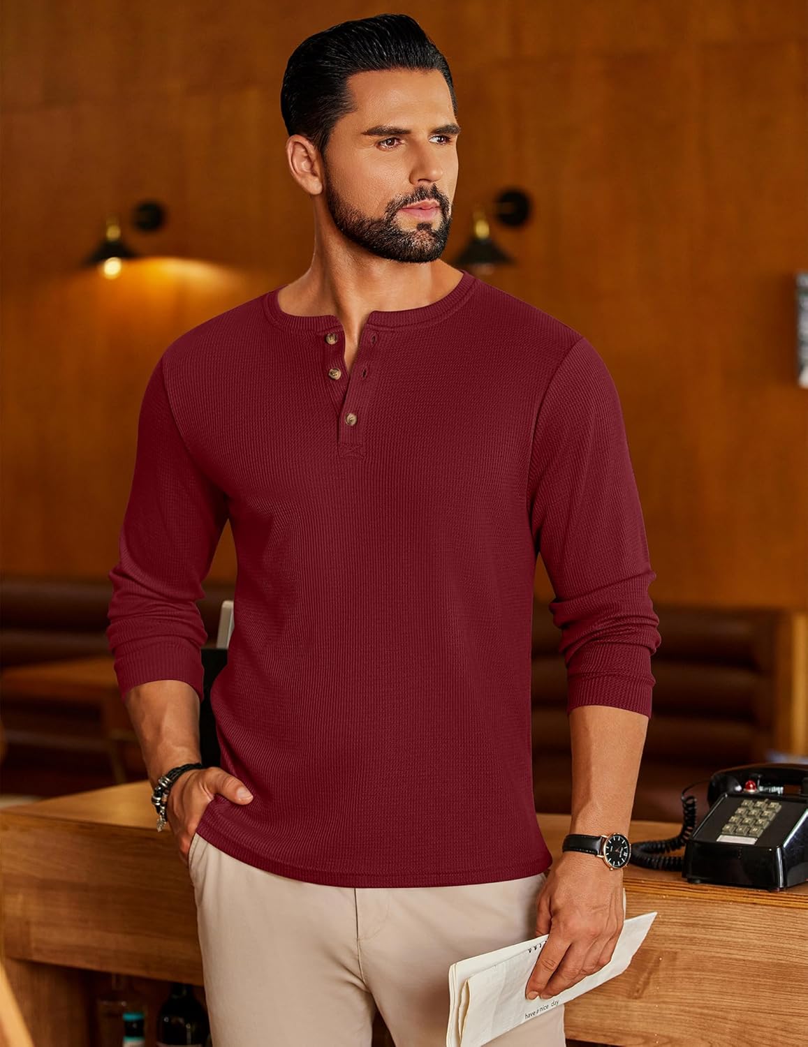 Mens Henley Long Sleeve Shirts Waffle T-Shirt