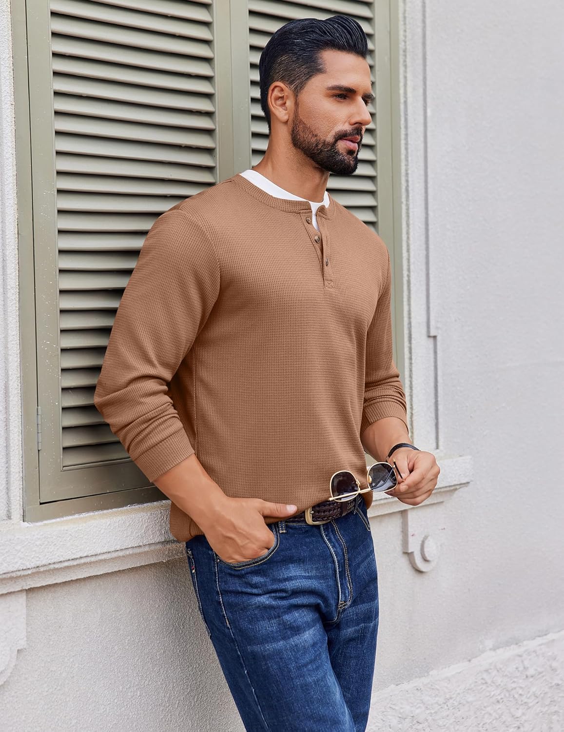 Mens Henley Long Sleeve Shirts Waffle T-Shirt
