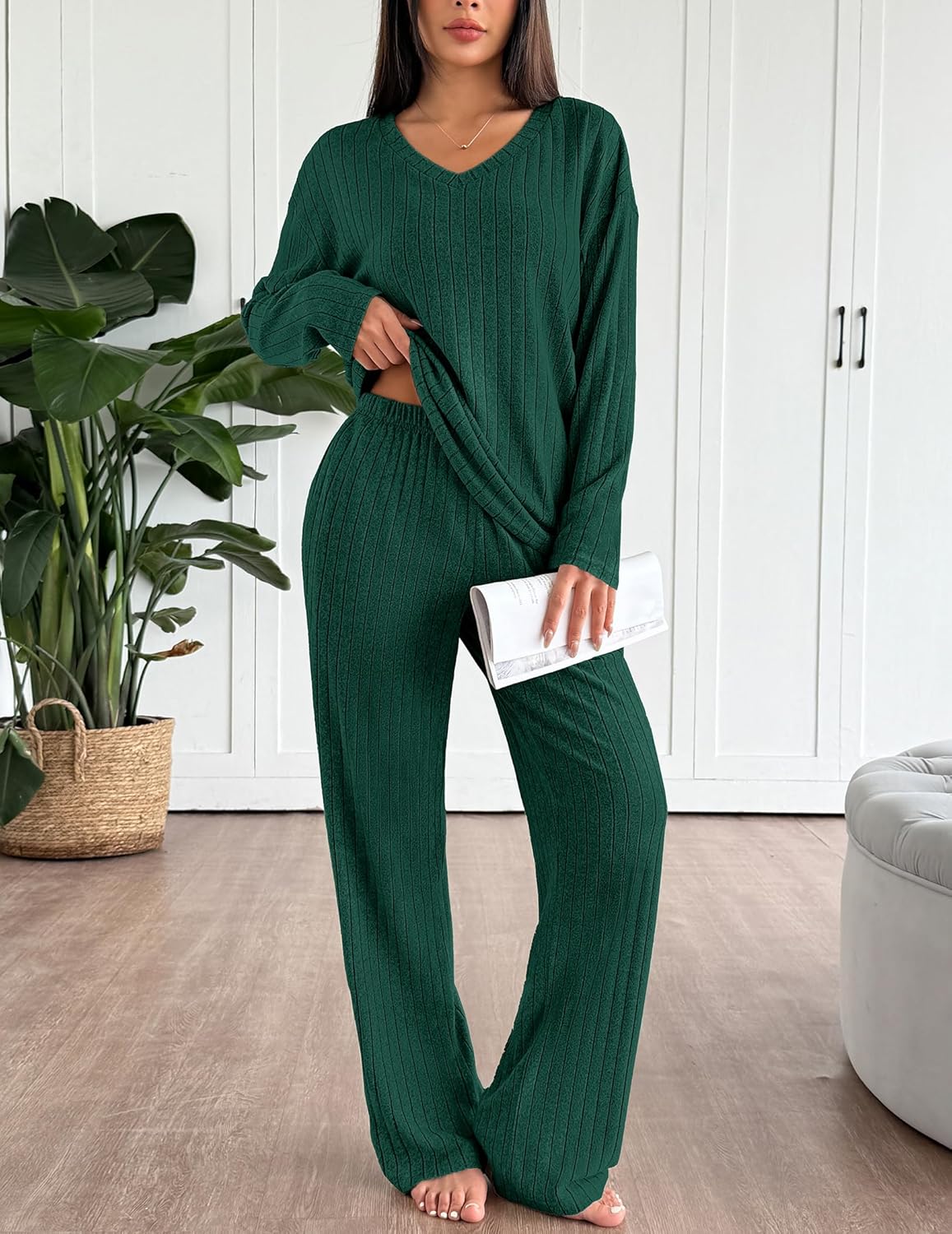 Lounge Sets Long Sleeve Knit Ribbed Pajama Sets