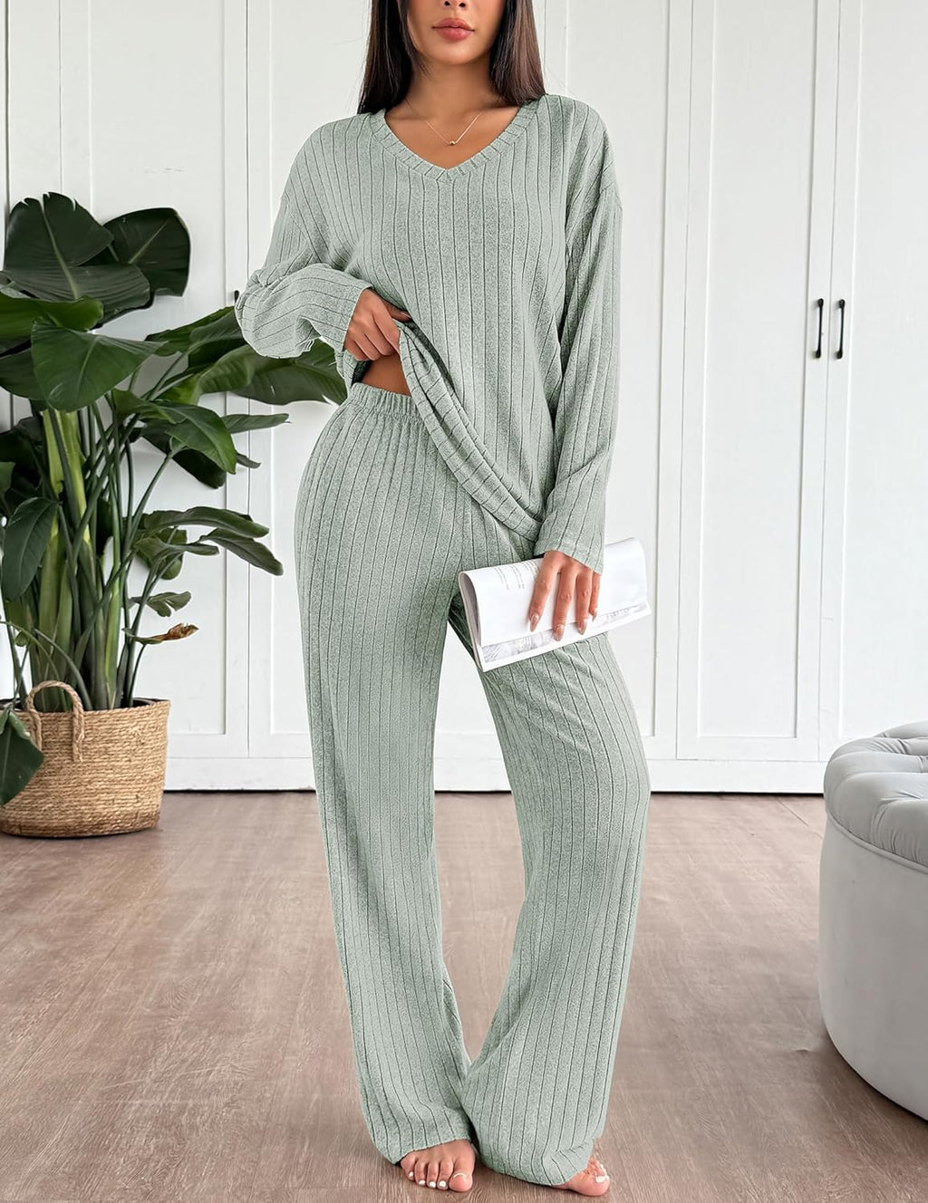 Lounge Sets Long Sleeve Knit Ribbed Pajama Sets