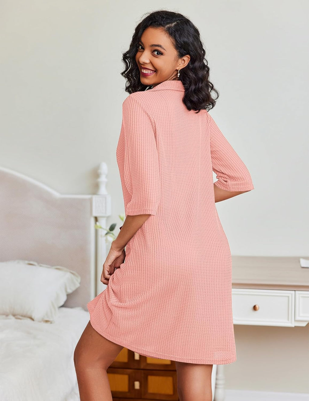 Zipper Robes Waffle Knit Bathrobes with Pockets