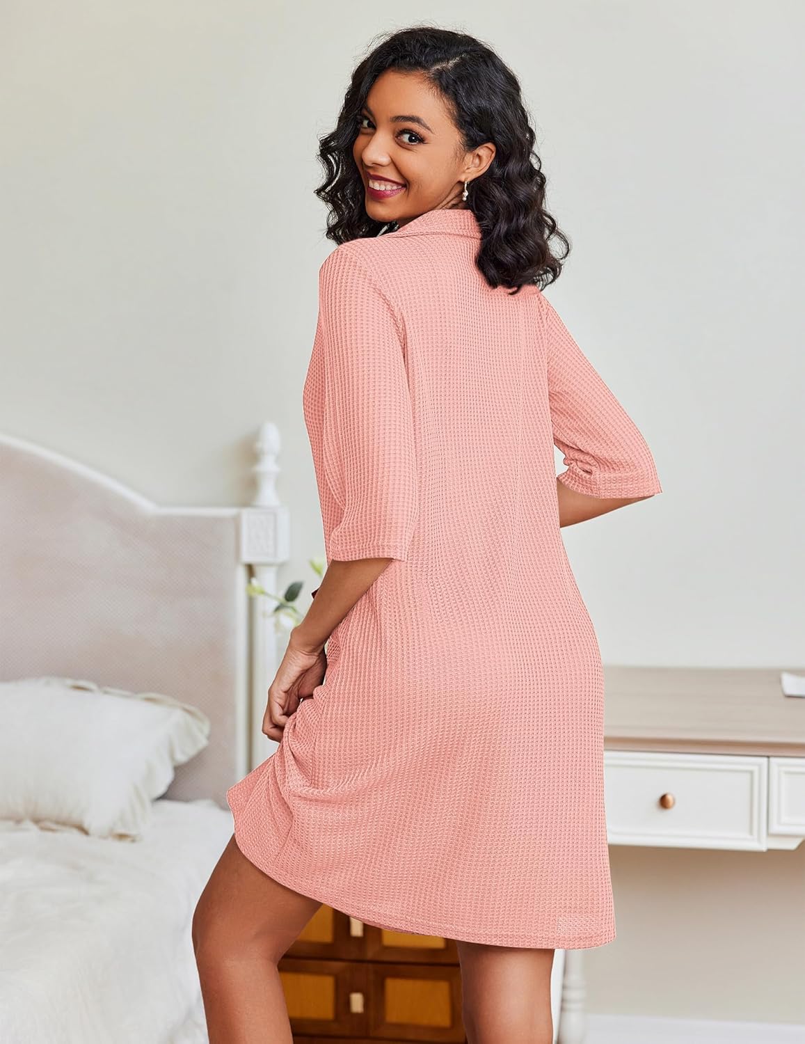 Zipper Robes Waffle Knit Bathrobes with Pockets