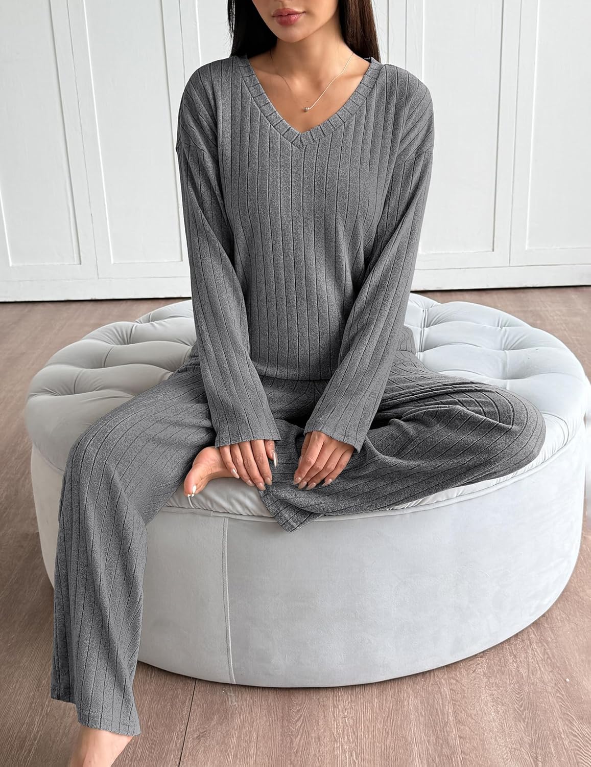 Lounge Sets Long Sleeve Knit Ribbed Pajama Sets