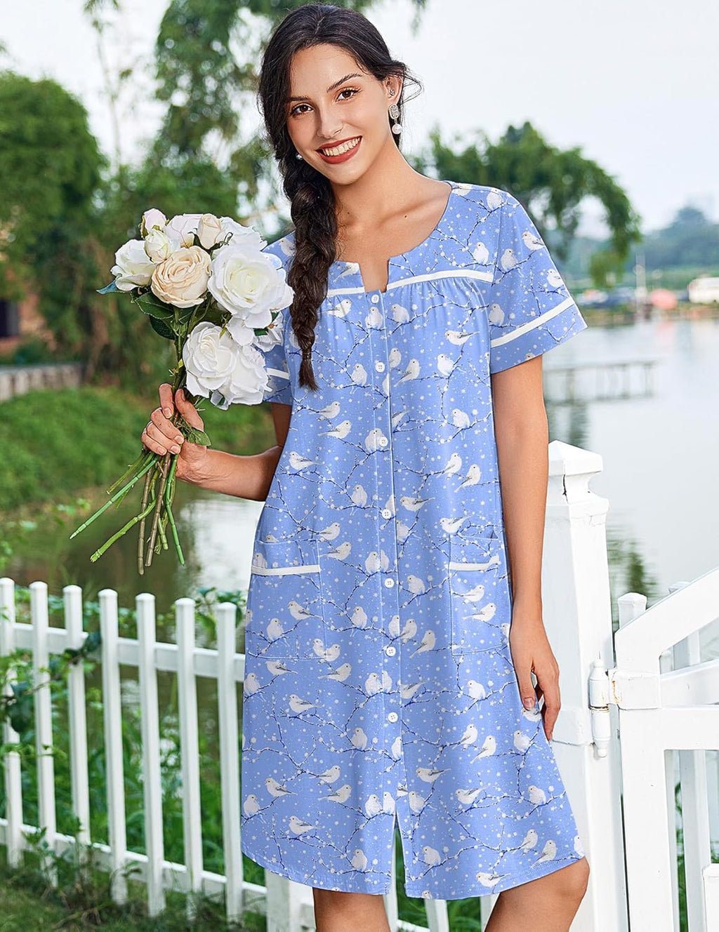 Cotton House Dress with Pockets Button Down Night Gown