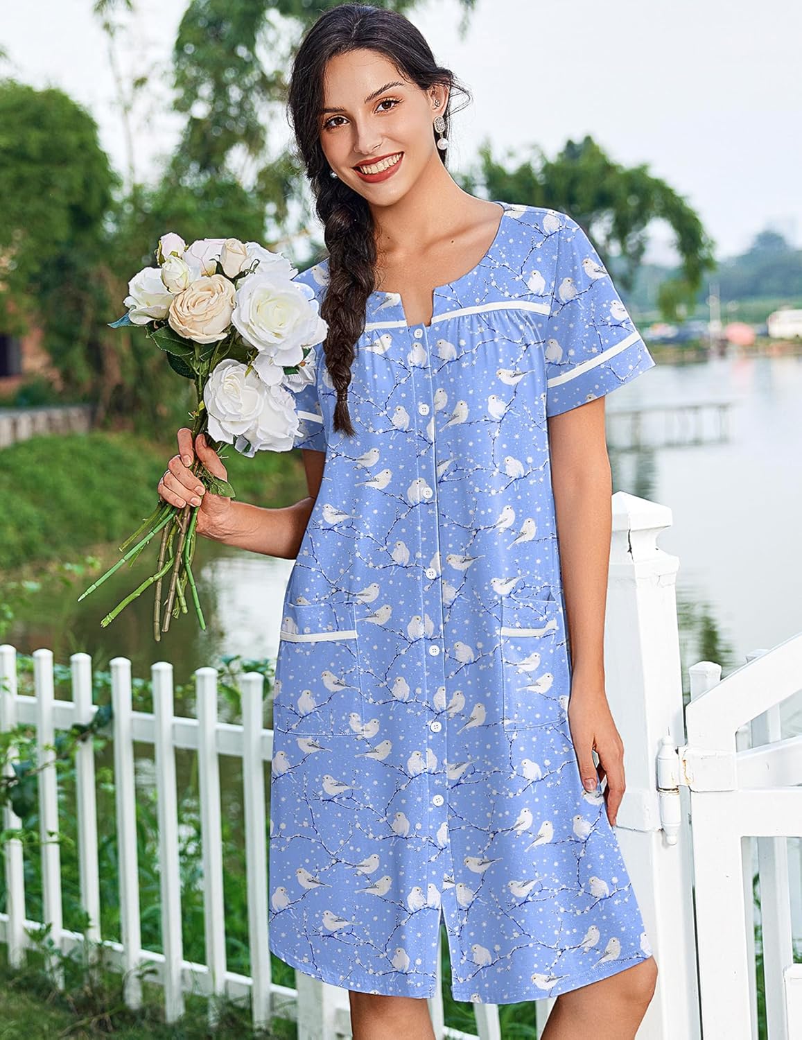 Cotton House Dress with Pockets Button Down Night Gown