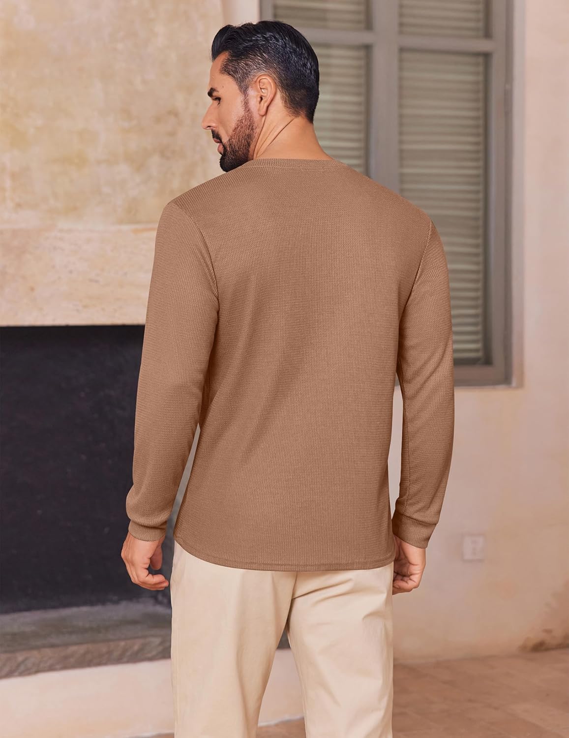 Mens Henley Long Sleeve Shirts Waffle T-Shirt