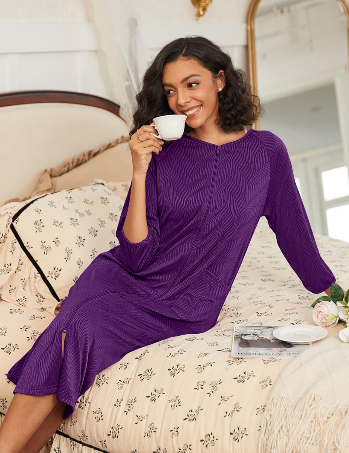 Zipper Robes for Women Ribbed Knit Bathrobe