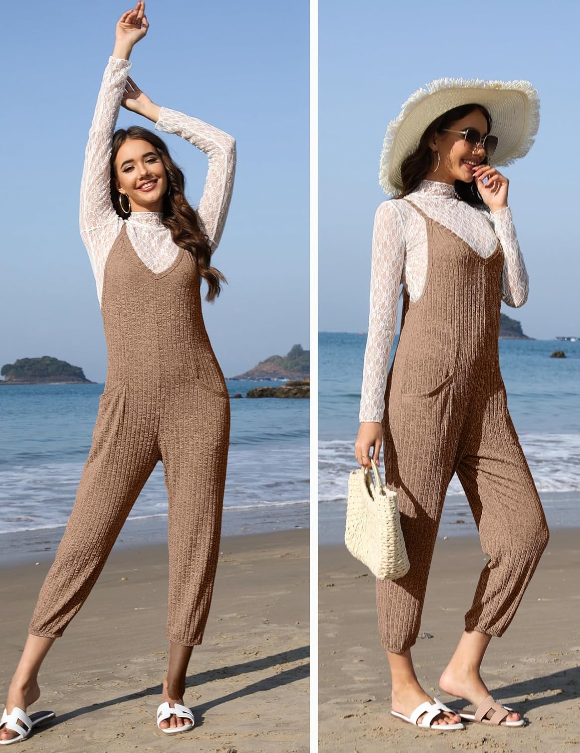 Jumpsuits for Women Sleeveless Ribbed Overall Jumpsuit Romper