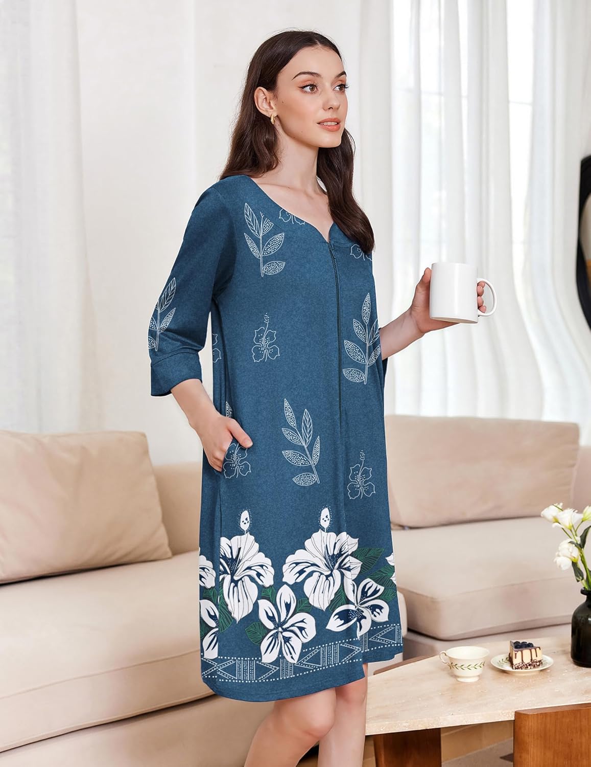 Zipper Robes 3/4 Sleeves Soft Nightgowns