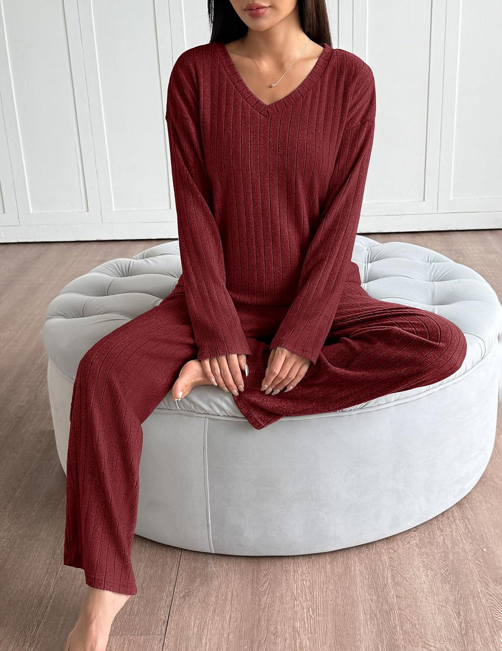 Lounge Sets Long Sleeve Knit Ribbed Pajama Sets