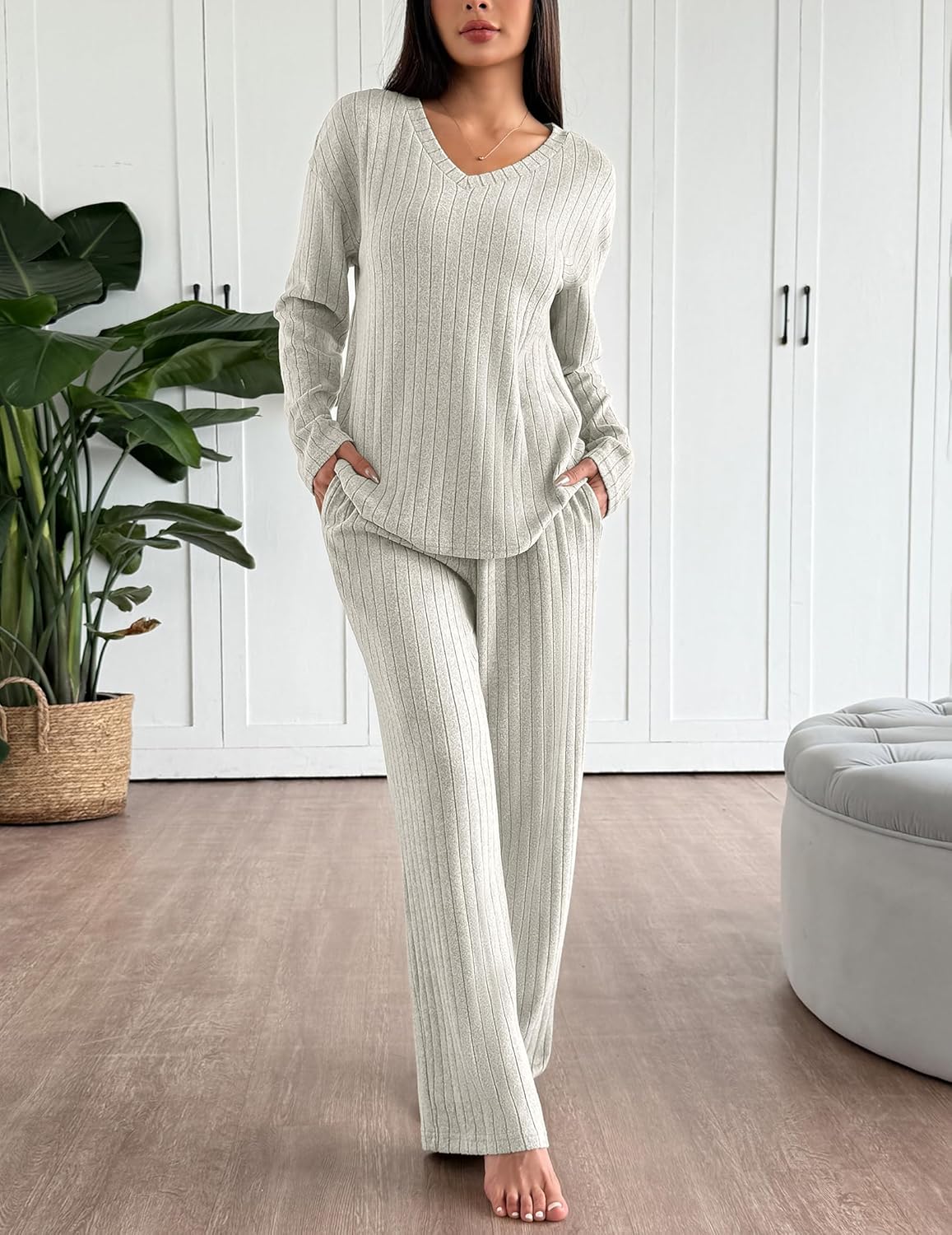 Lounge Sets Long Sleeve Knit Ribbed Pajama Sets