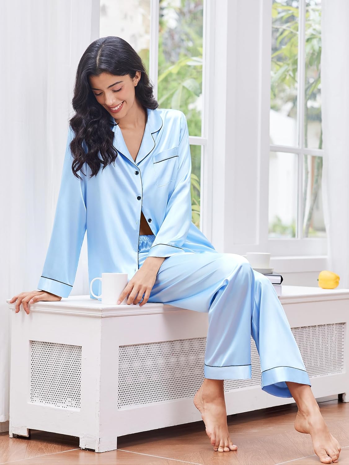2 Pack Satin Pajamas Set Button Down Silk Pjs Set