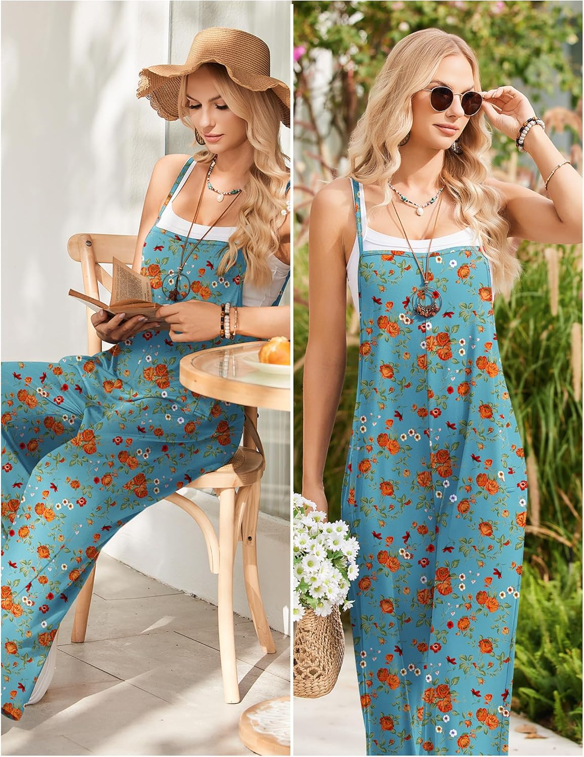 Sleeveless Boho Wide Leg Floral Rompers