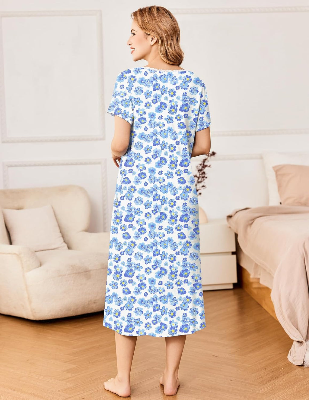 Short Sleeve Floral Nightdress Button House Dress with Pockets