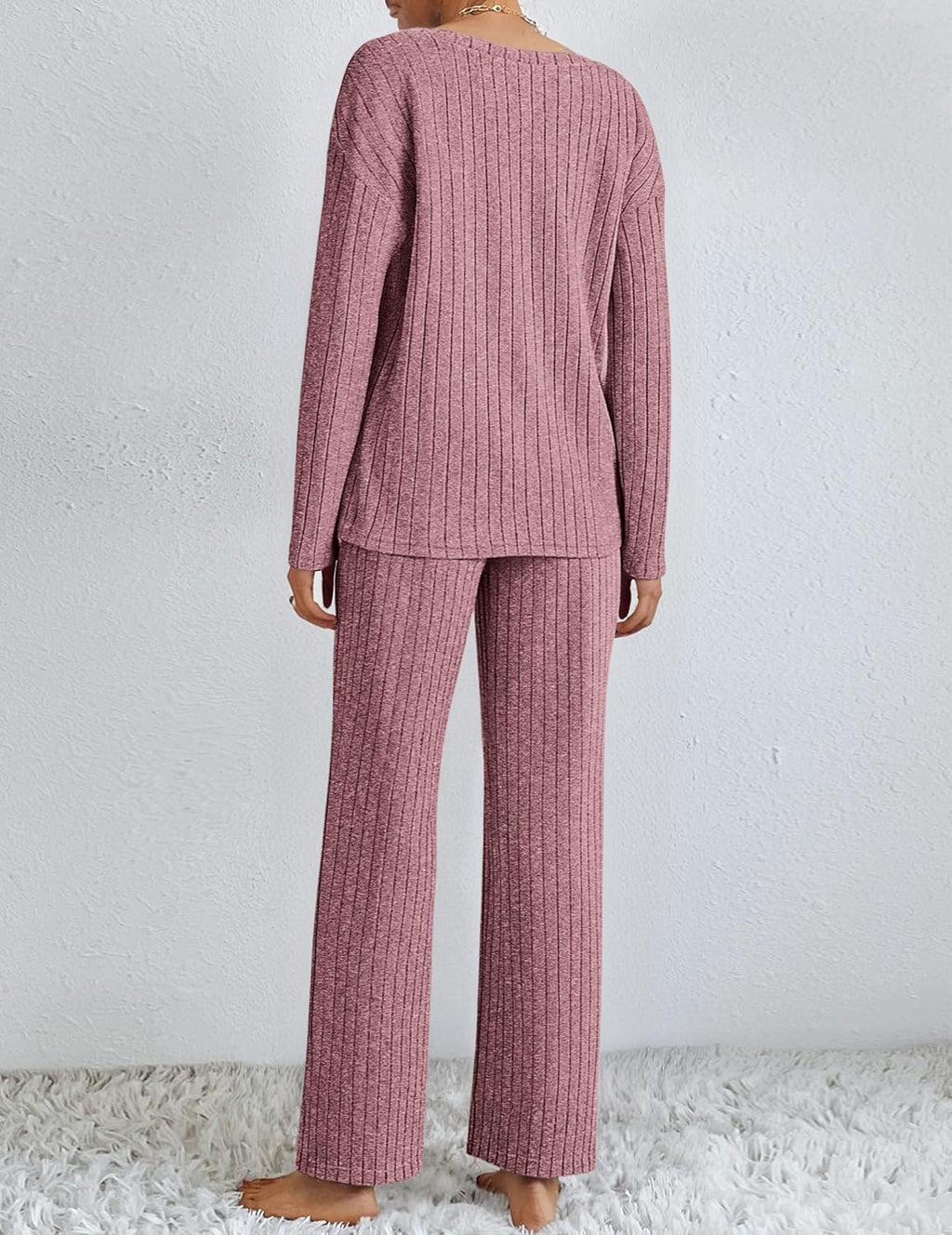 Lounge Sets Long Sleeve Knit Ribbed Pajama Sets