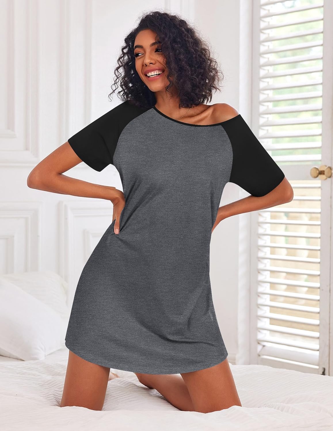 Cotton Short Sleeve Nightshirt Crew Neck Comfy Nightdress