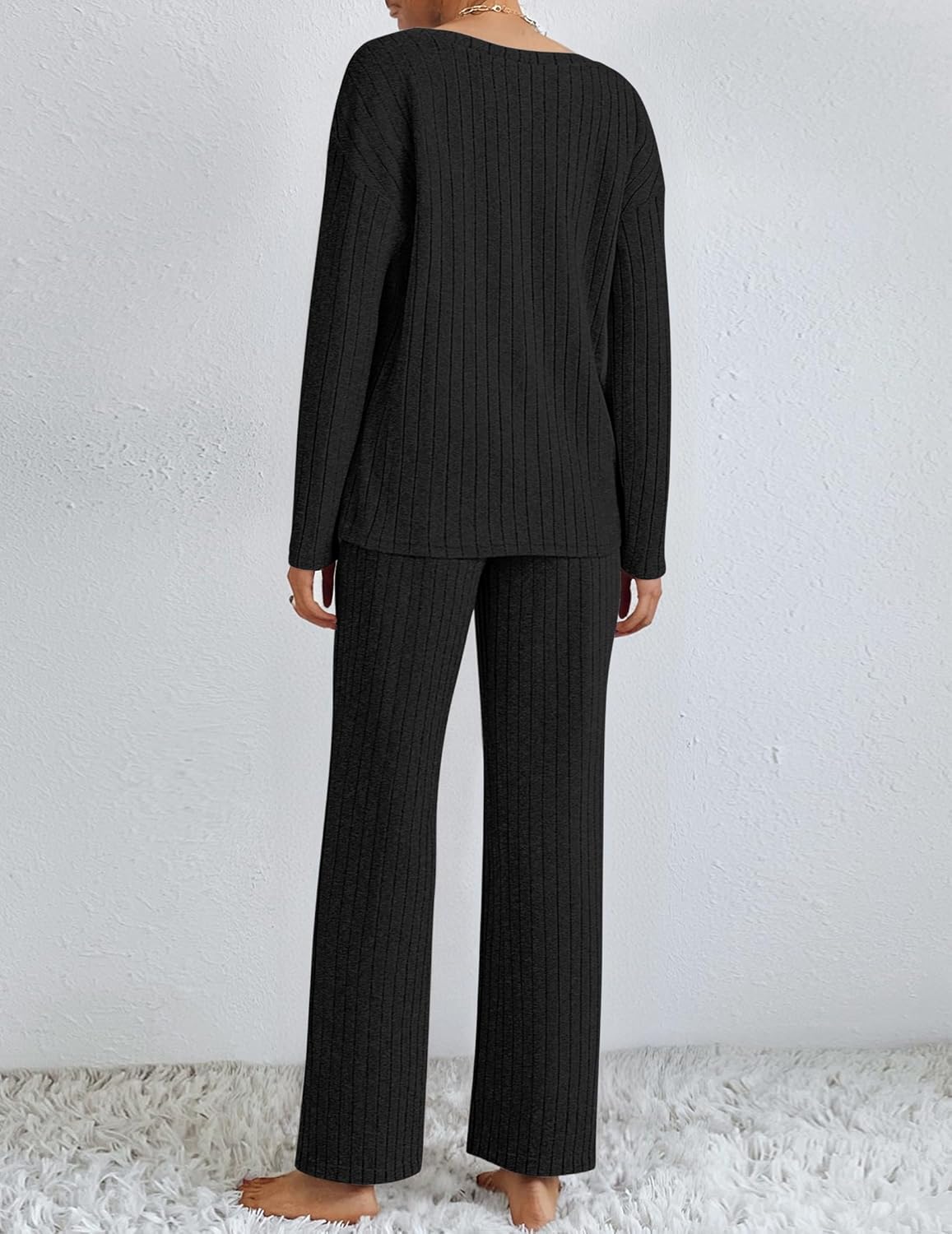 Lounge Sets Long Sleeve Knit Ribbed Pajama Sets