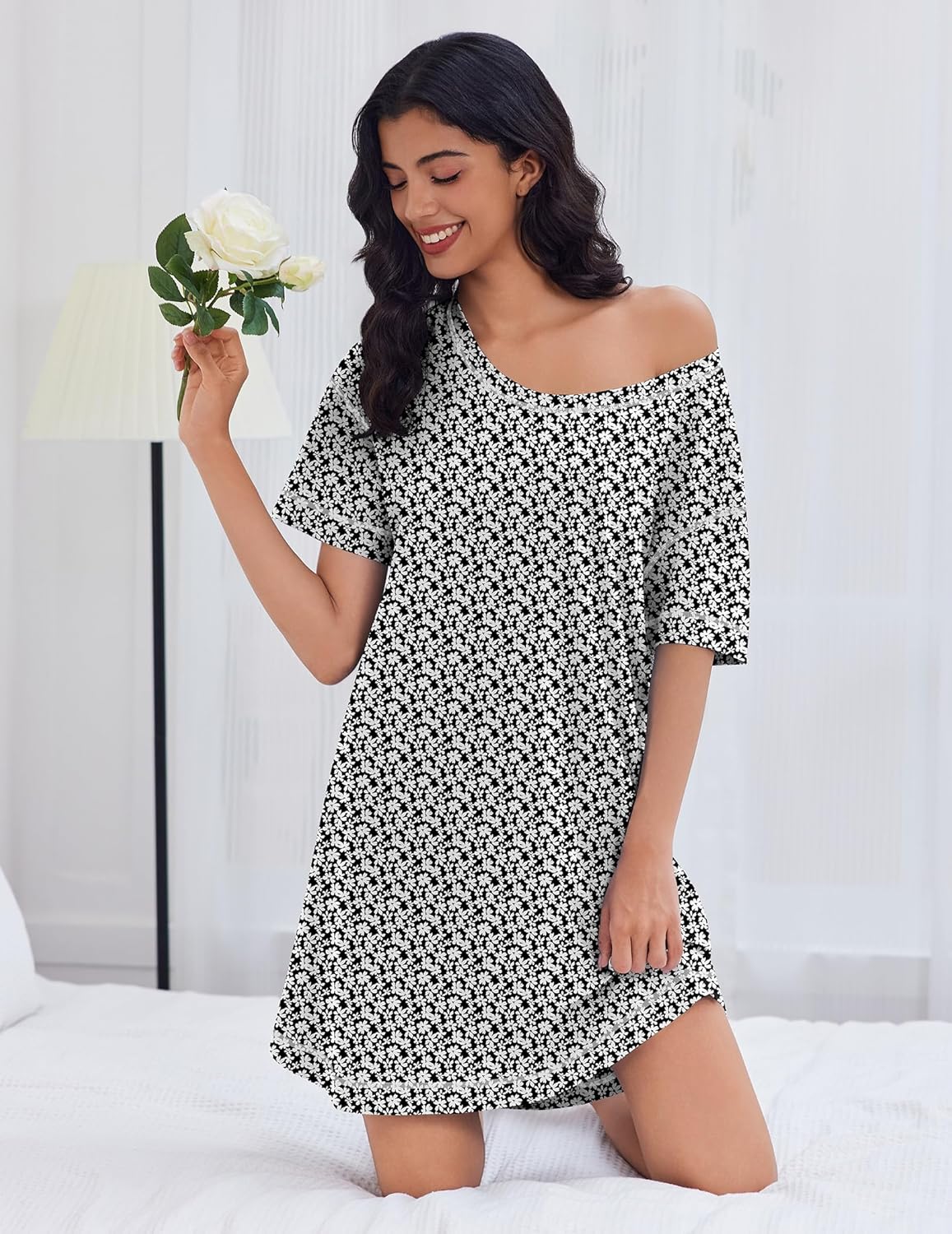 Cotton Nightgowns Women Oversized Short Sleeve Night Shirt