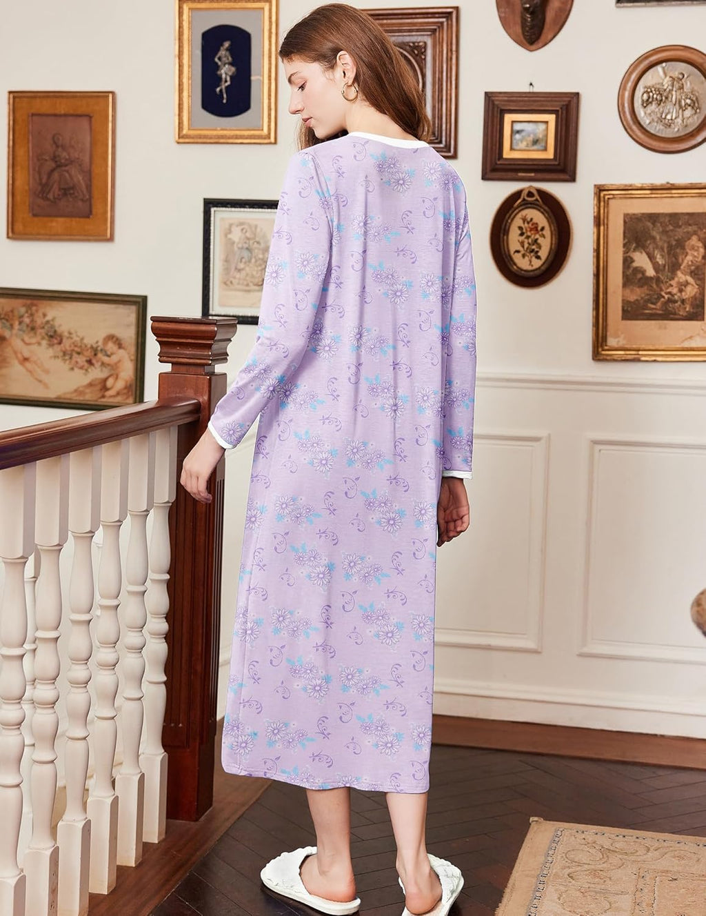 Cotton Floral Nightgowns Long Sleeve Full Length Night Gown