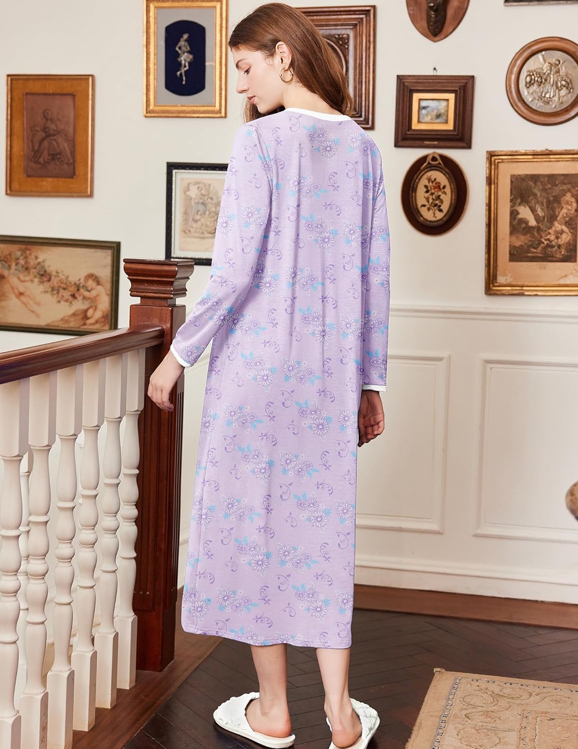 Cotton Floral Nightgowns Long Sleeve Full Length Night Gown