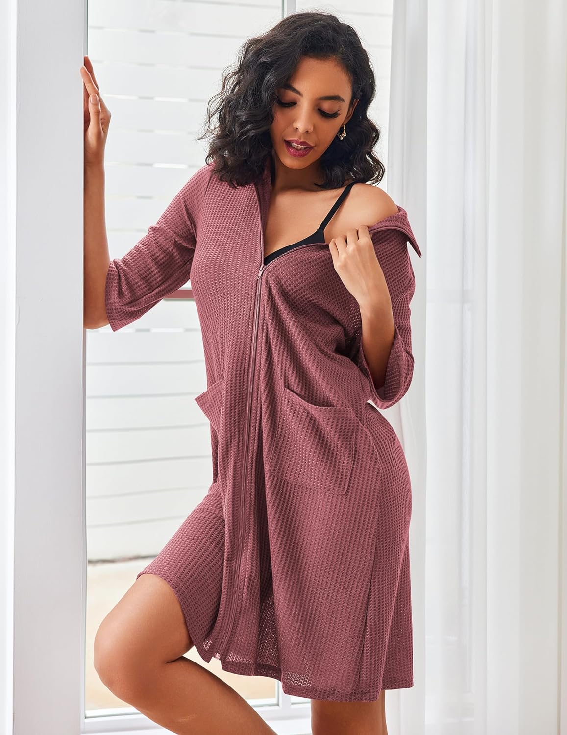 Zipper Robes Waffle Knit Bathrobes with Pockets