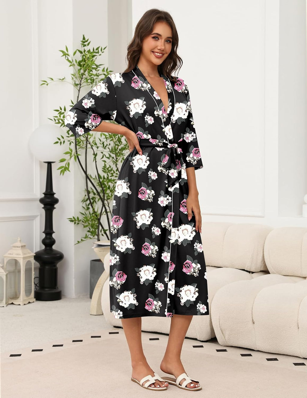 Long Knit Bathrobe Lightweight 3/4 Sleeves Kimono Robe
