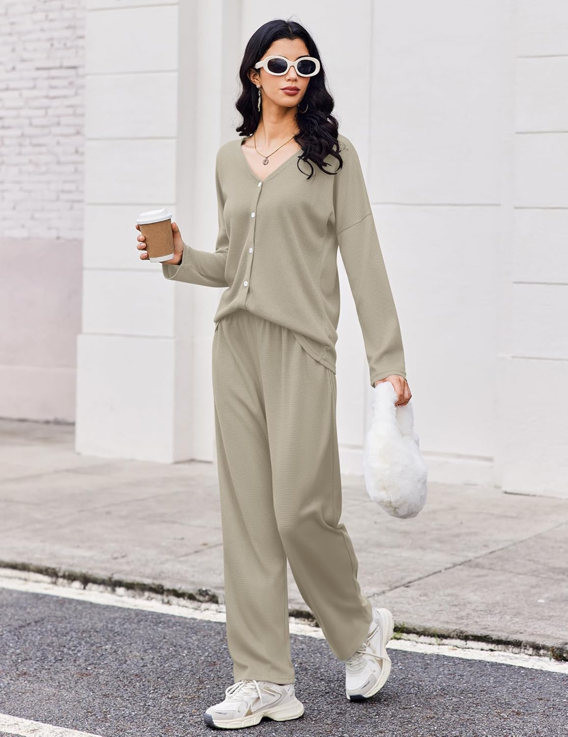 Waffle Knit Pajamas Long Sleeve Lounge Set