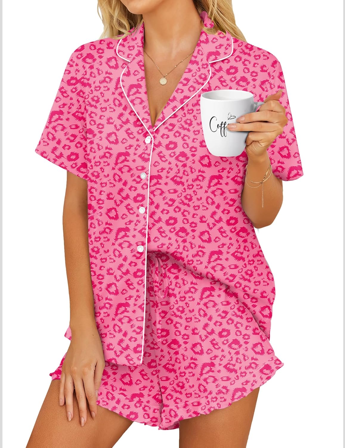 Button Down Short Sleeve Top and Shorts Cute Pjs Sets