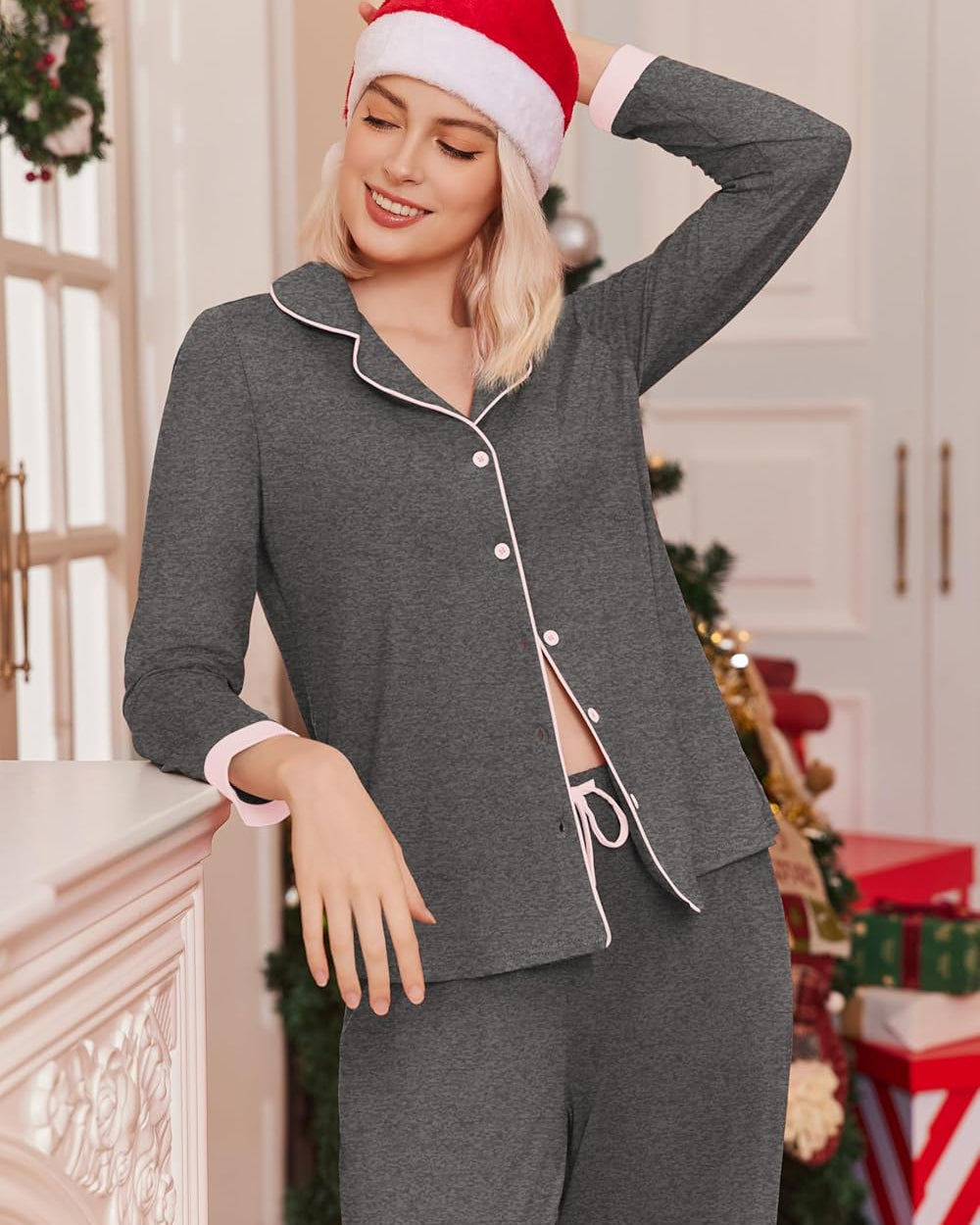 Long Sleeve Loungewear Soft Button Down Lounge Sets with Pockets