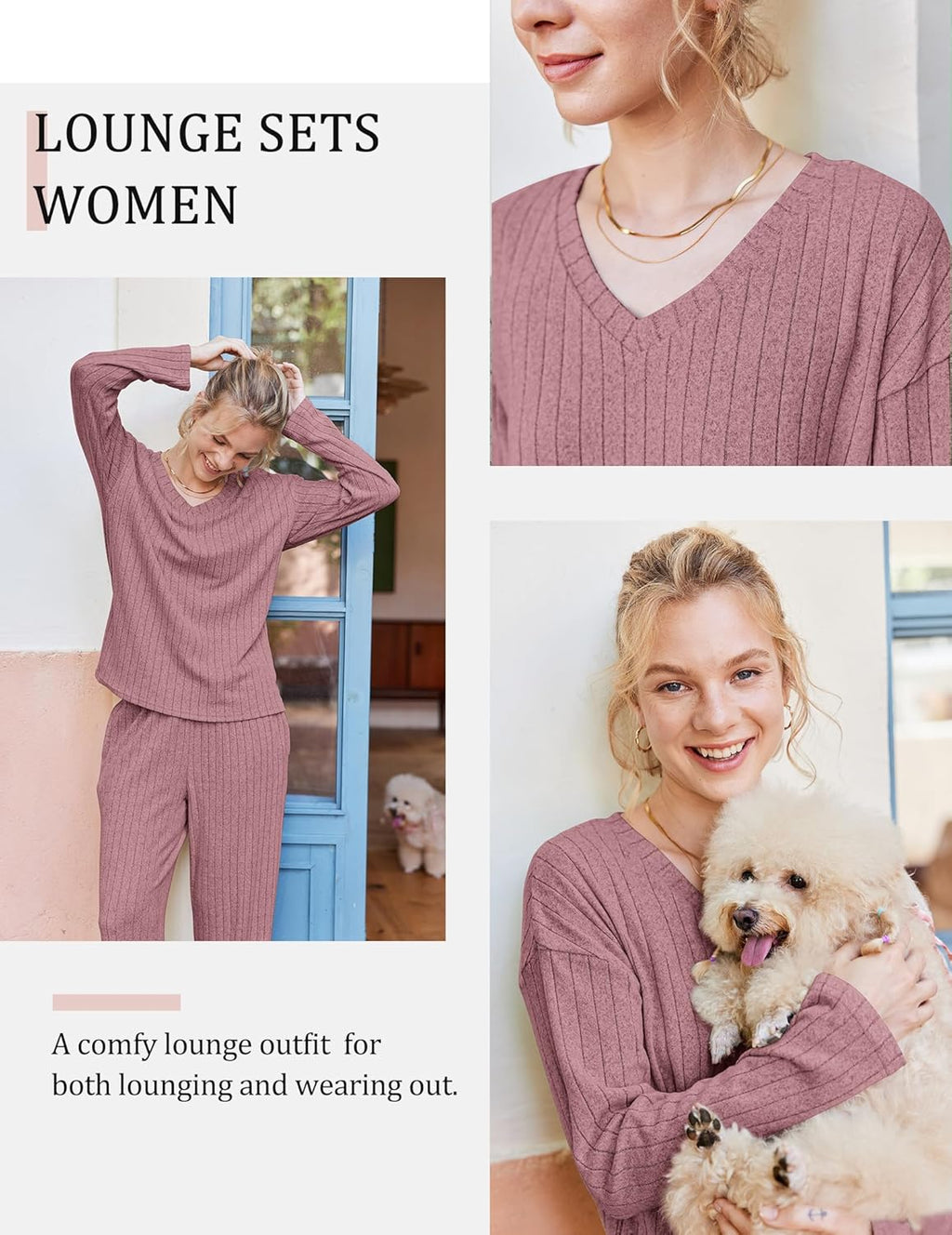 Lounge Sets Long Sleeve Knit Ribbed Pajama Sets
