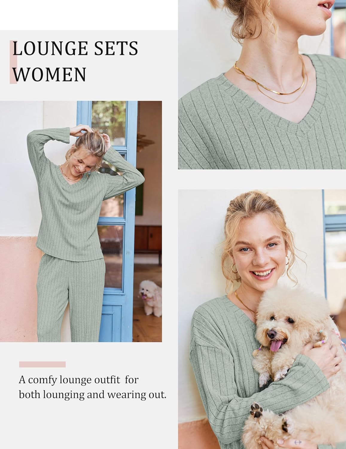 Lounge Sets Long Sleeve Knit Ribbed Pajama Sets