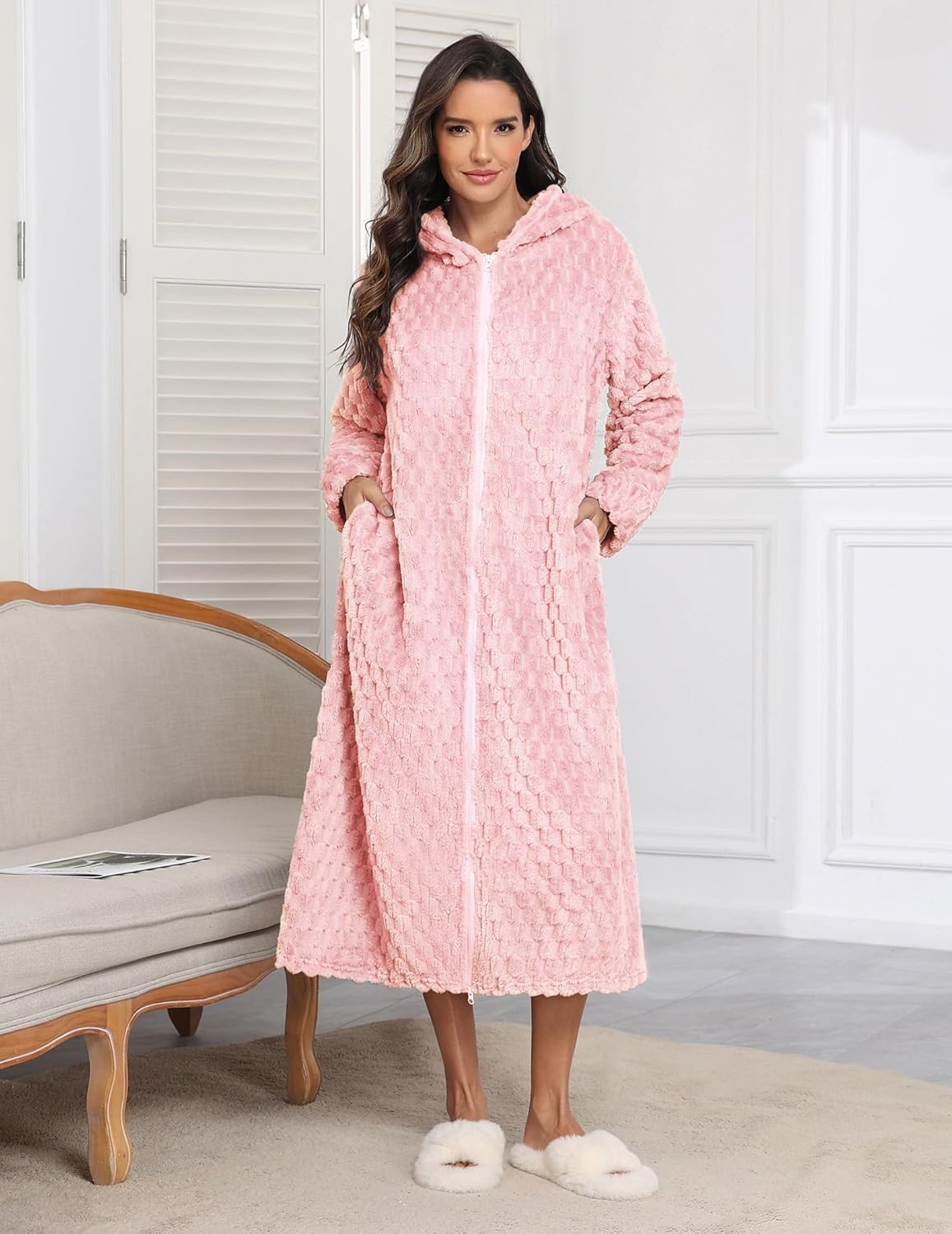 Fleece Robes Hooded Plush Zipper Front Long Bathrobe
